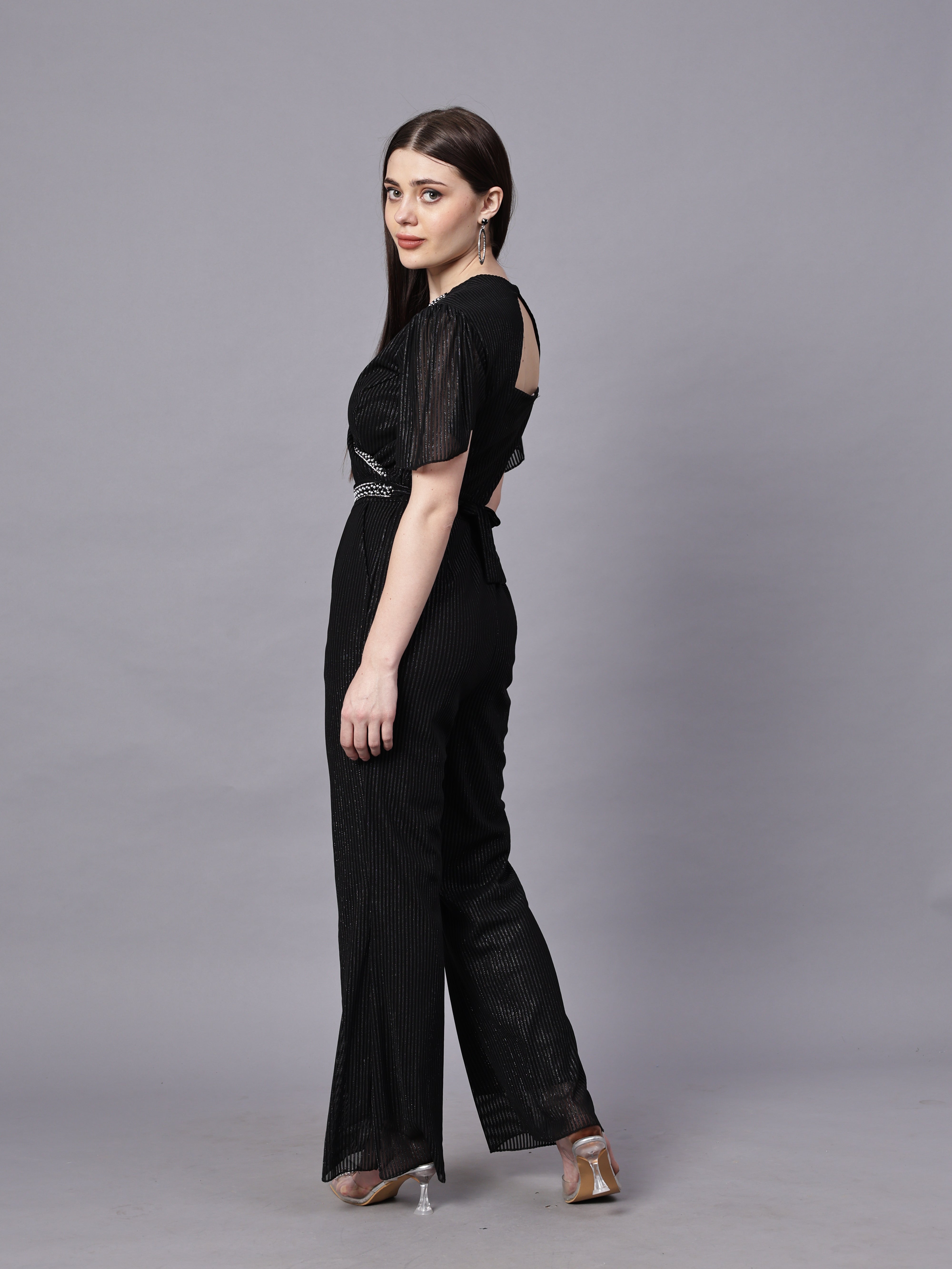 POWERNET CROSS NECK JUMPSUIT WITH BELT VRUFFEL SLEEVE