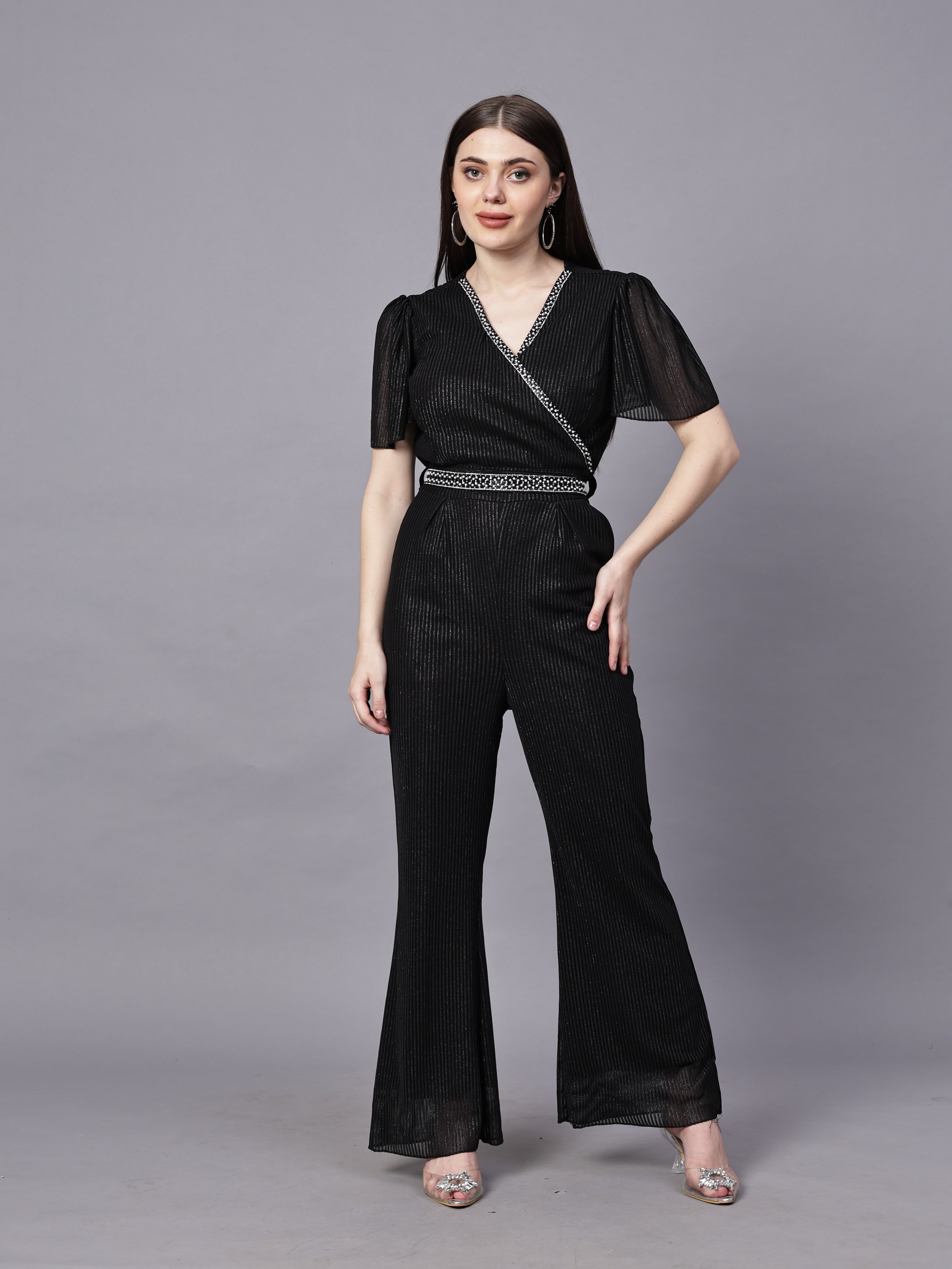 POWERNET CROSS NECK JUMPSUIT WITH BELT VRUFFEL SLEEVE