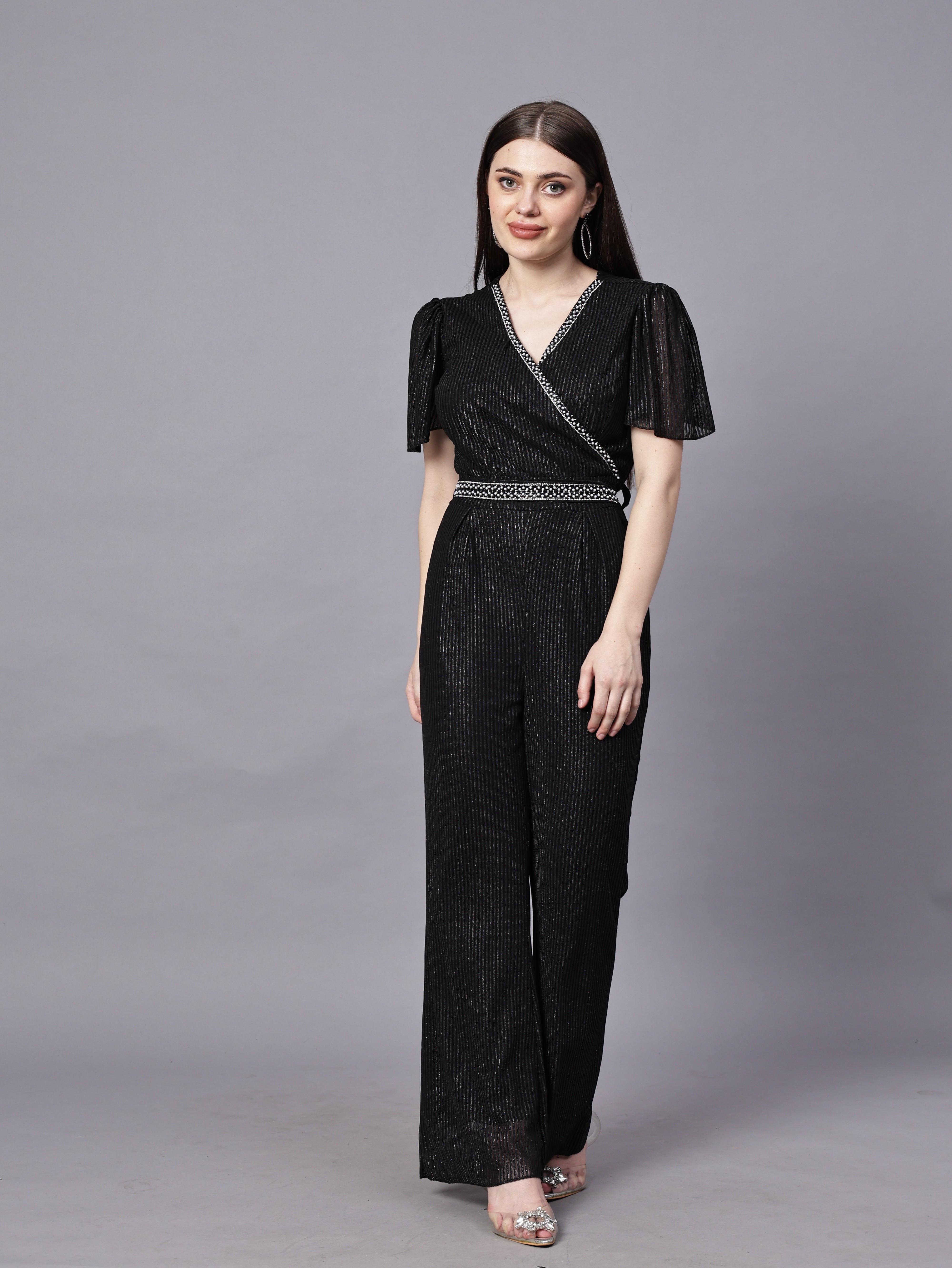 POWERNET CROSS NECK JUMPSUIT WITH BELT VRUFFEL SLEEVE