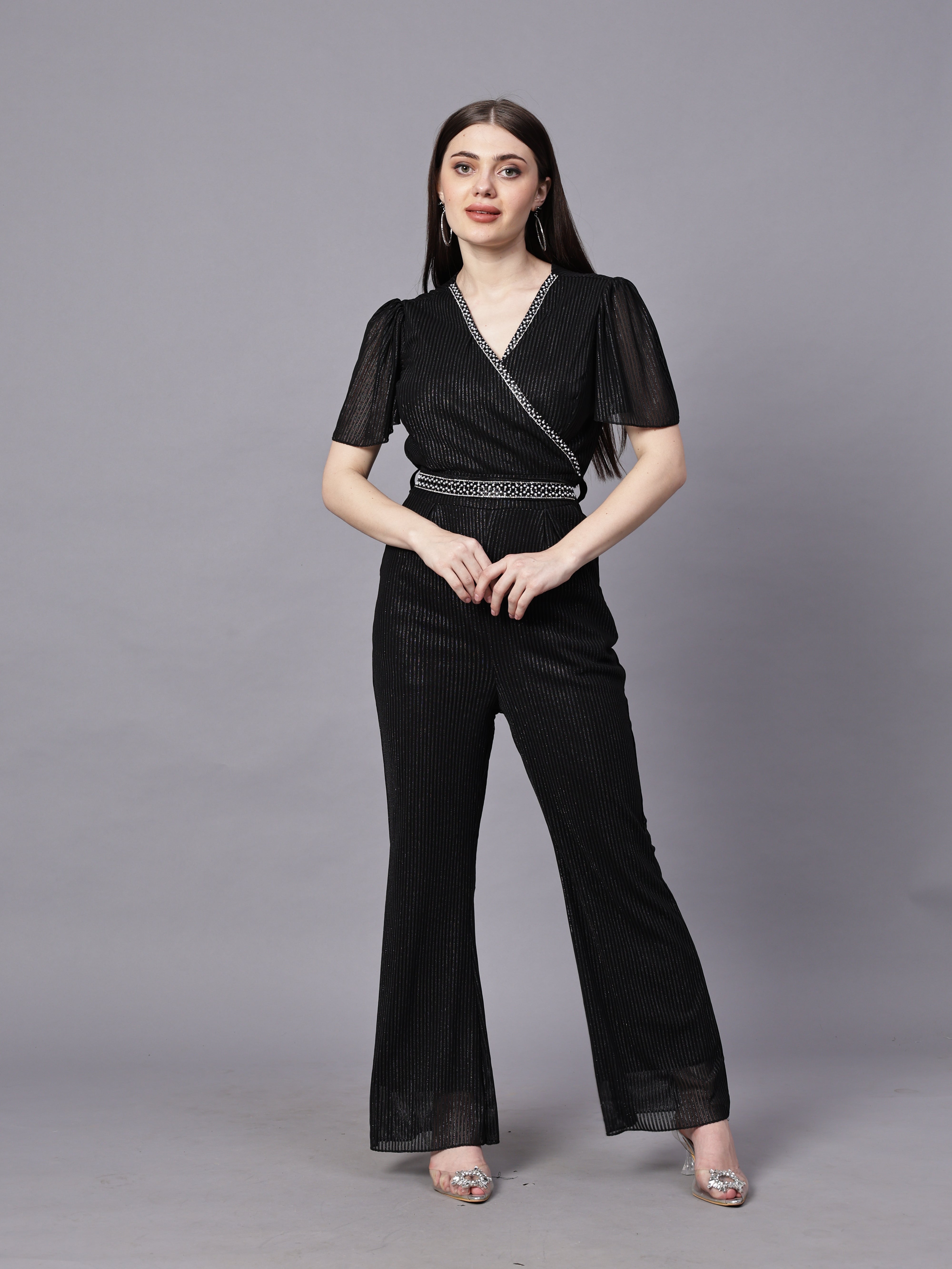 POWERNET CROSS NECK JUMPSUIT WITH BELT VRUFFEL SLEEVE