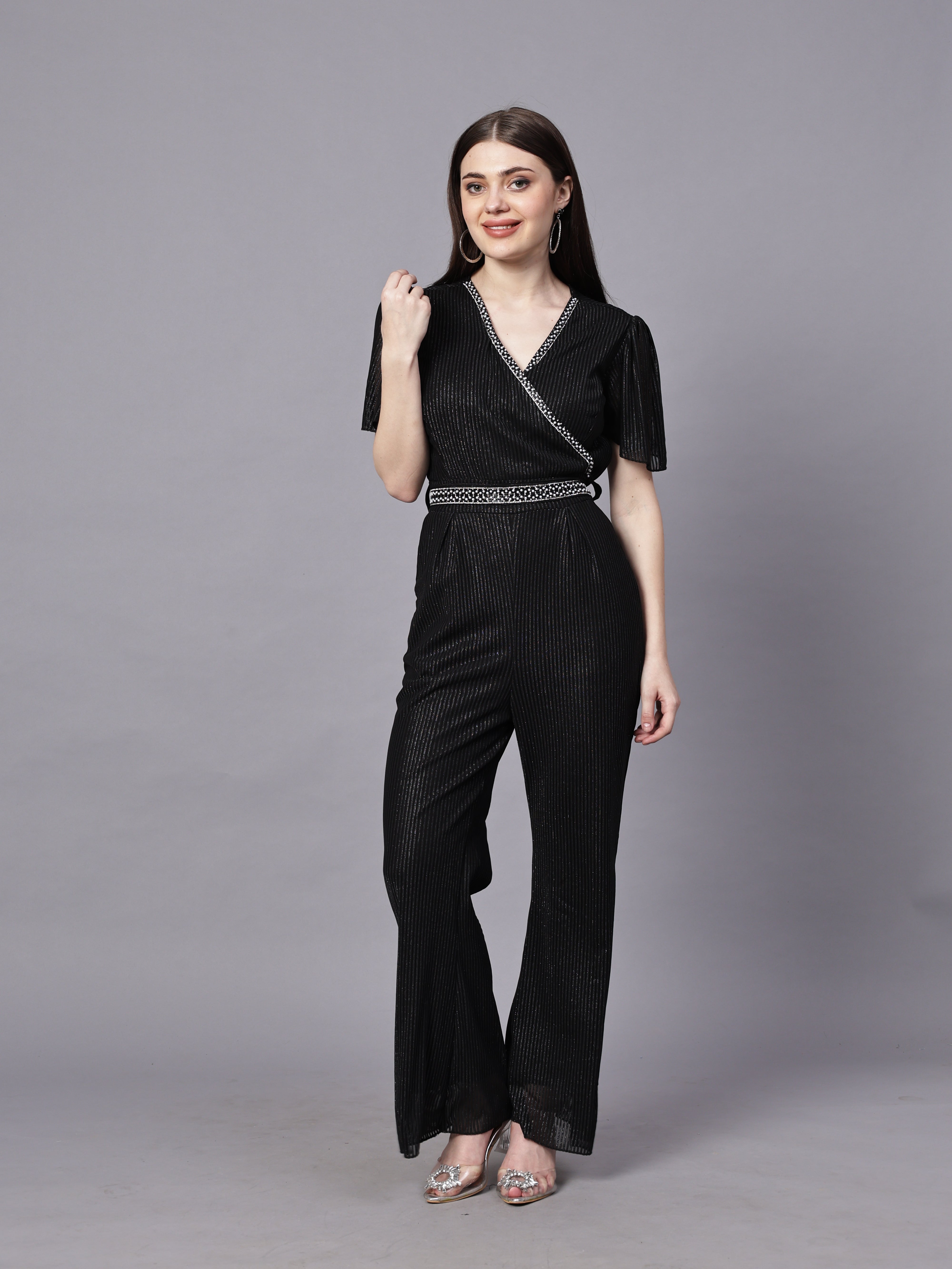 POWERNET CROSS NECK JUMPSUIT WITH BELT VRUFFEL SLEEVE