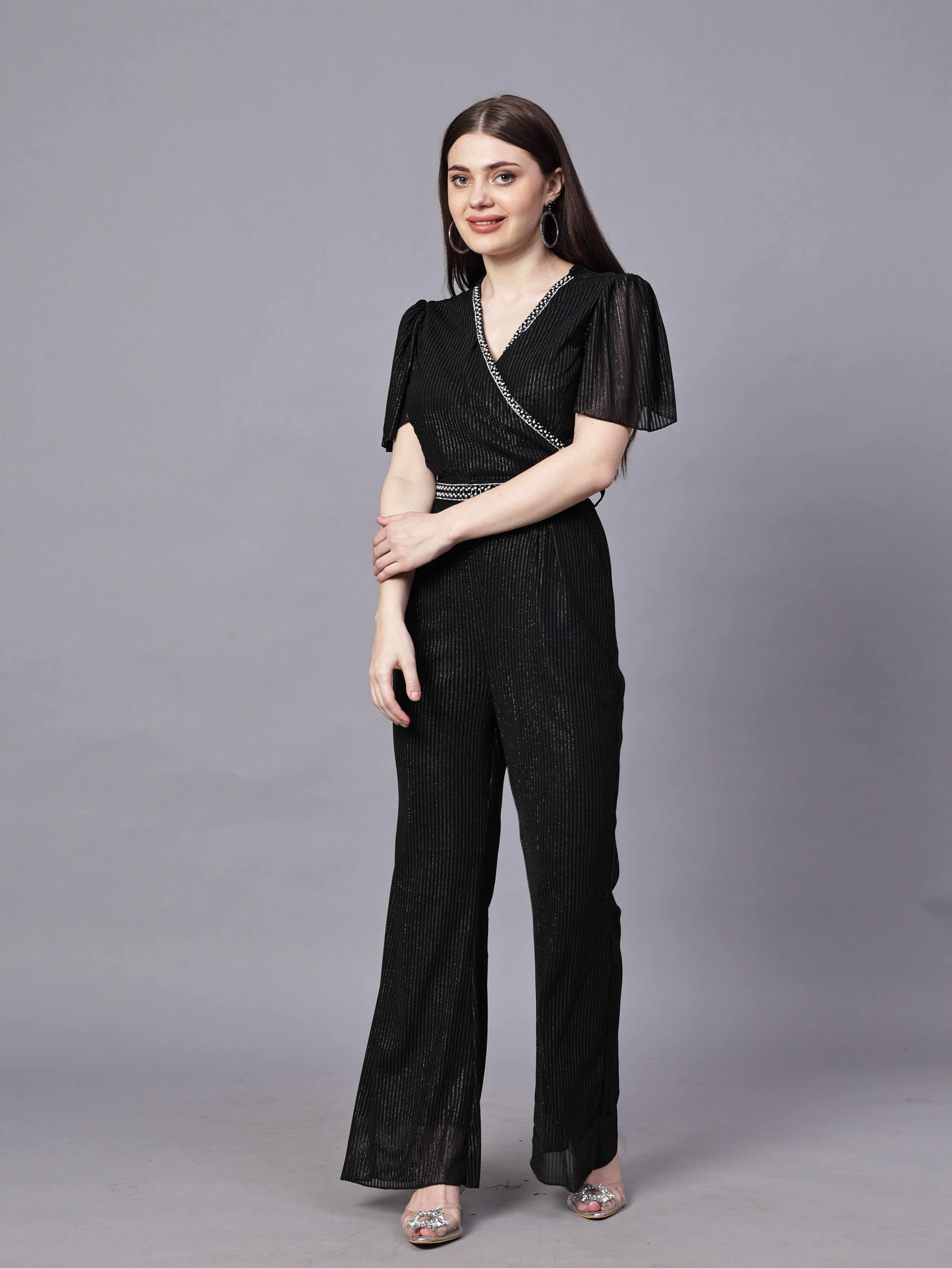 POWERNET CROSS NECK JUMPSUIT WITH BELT VRUFFEL SLEEVE