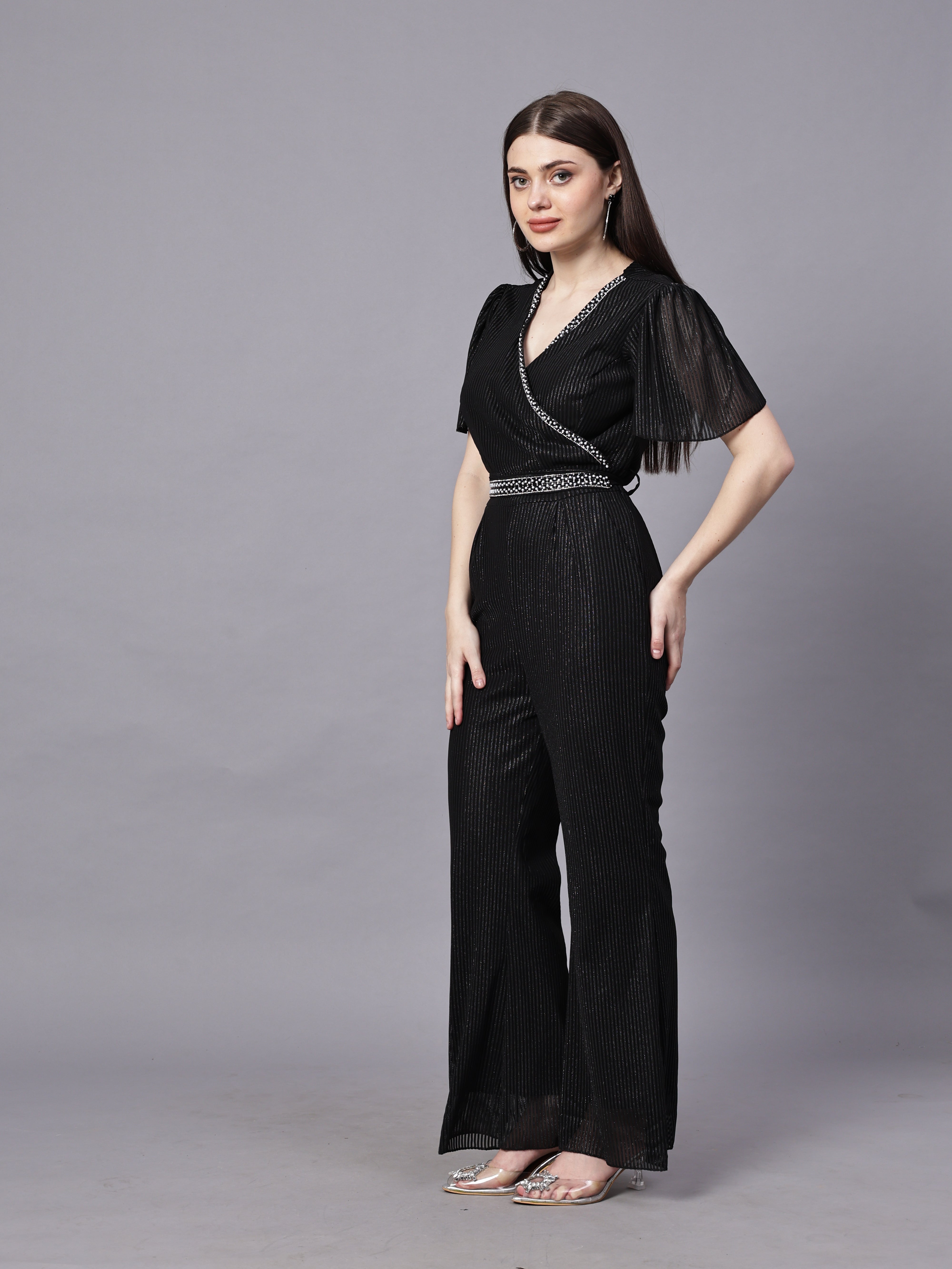 POWERNET CROSS NECK JUMPSUIT WITH BELT VRUFFEL SLEEVE