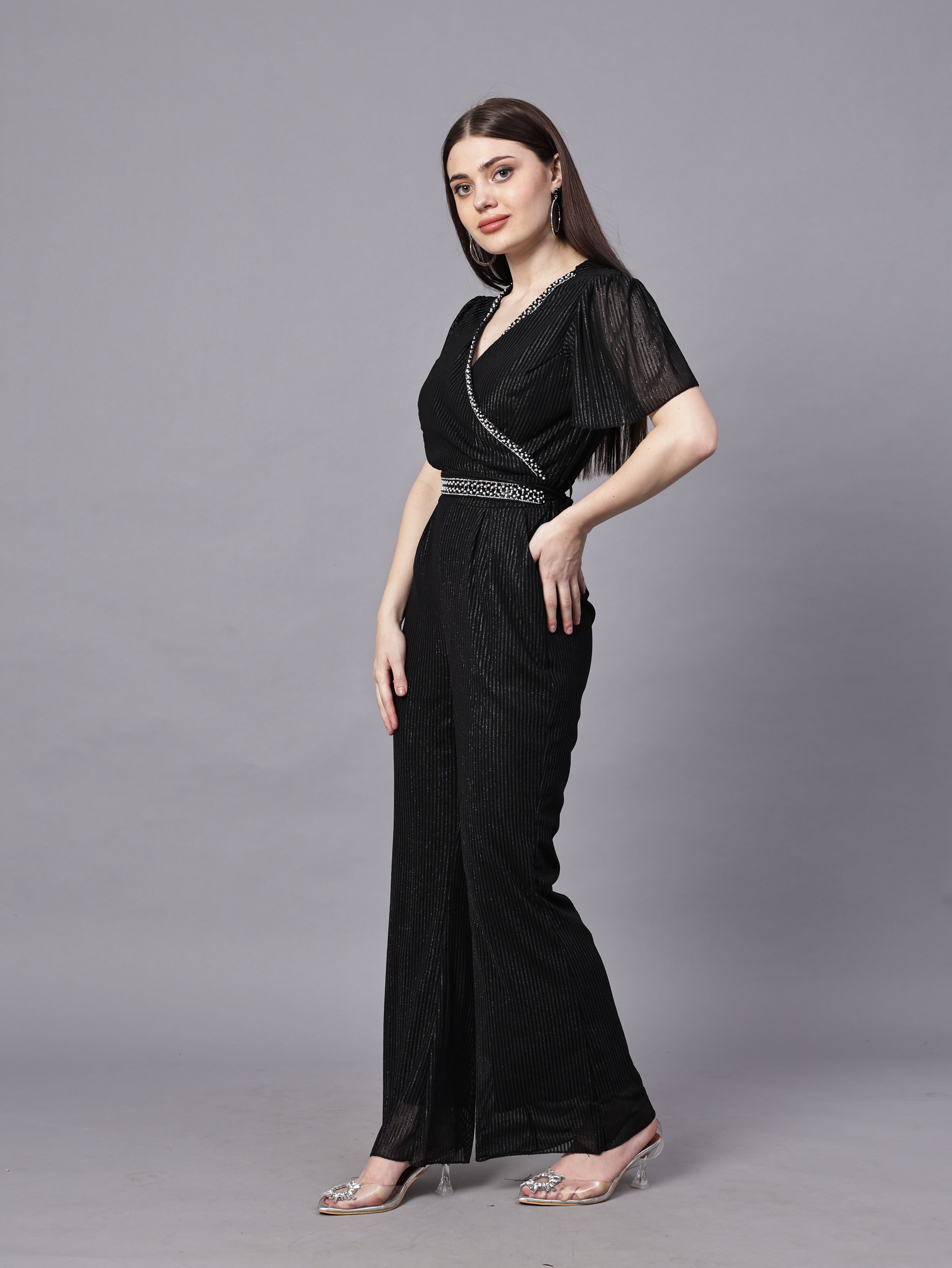 POWERNET CROSS NECK JUMPSUIT WITH BELT VRUFFEL SLEEVE