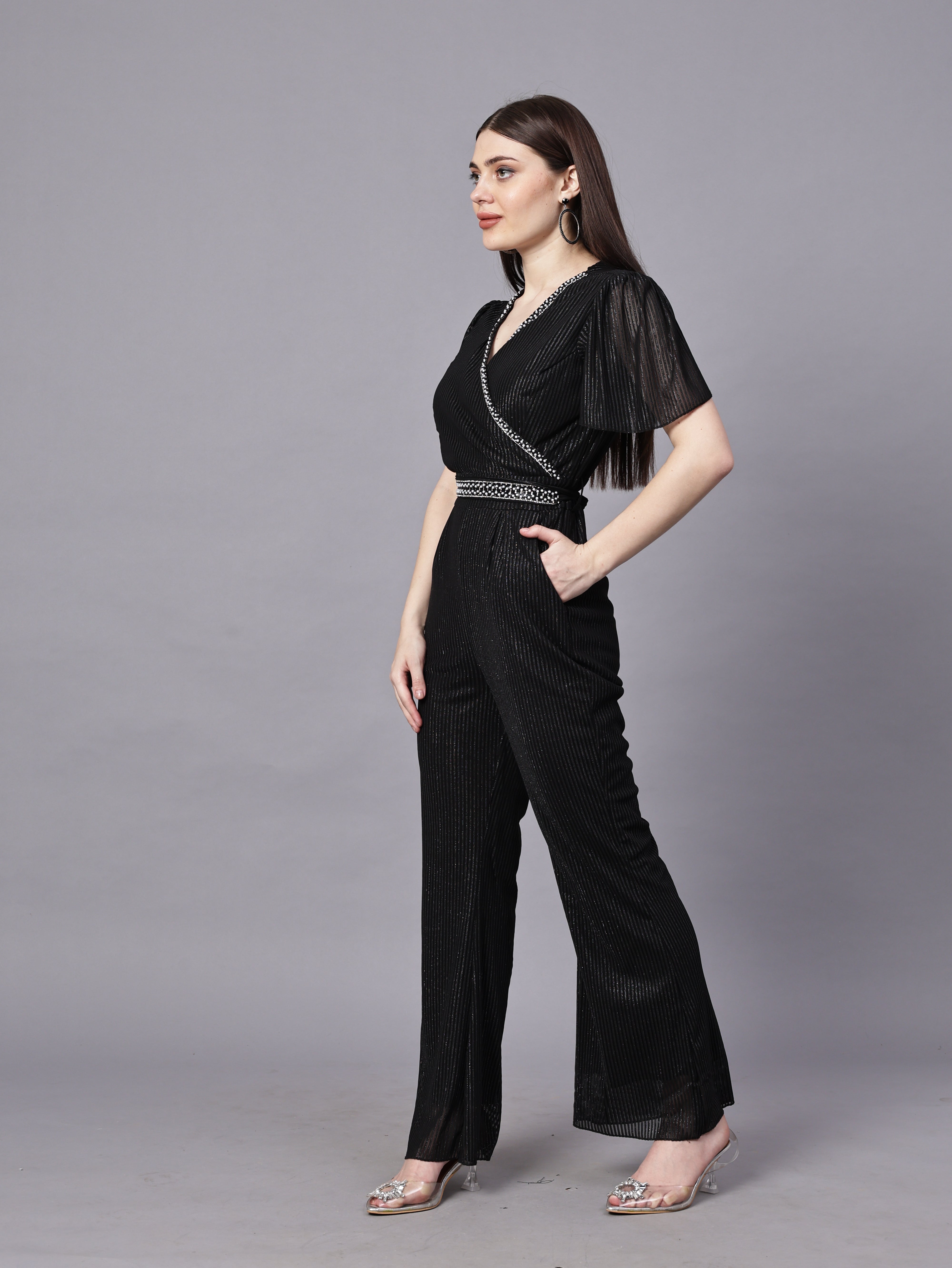 POWERNET CROSS NECK JUMPSUIT WITH BELT VRUFFEL SLEEVE