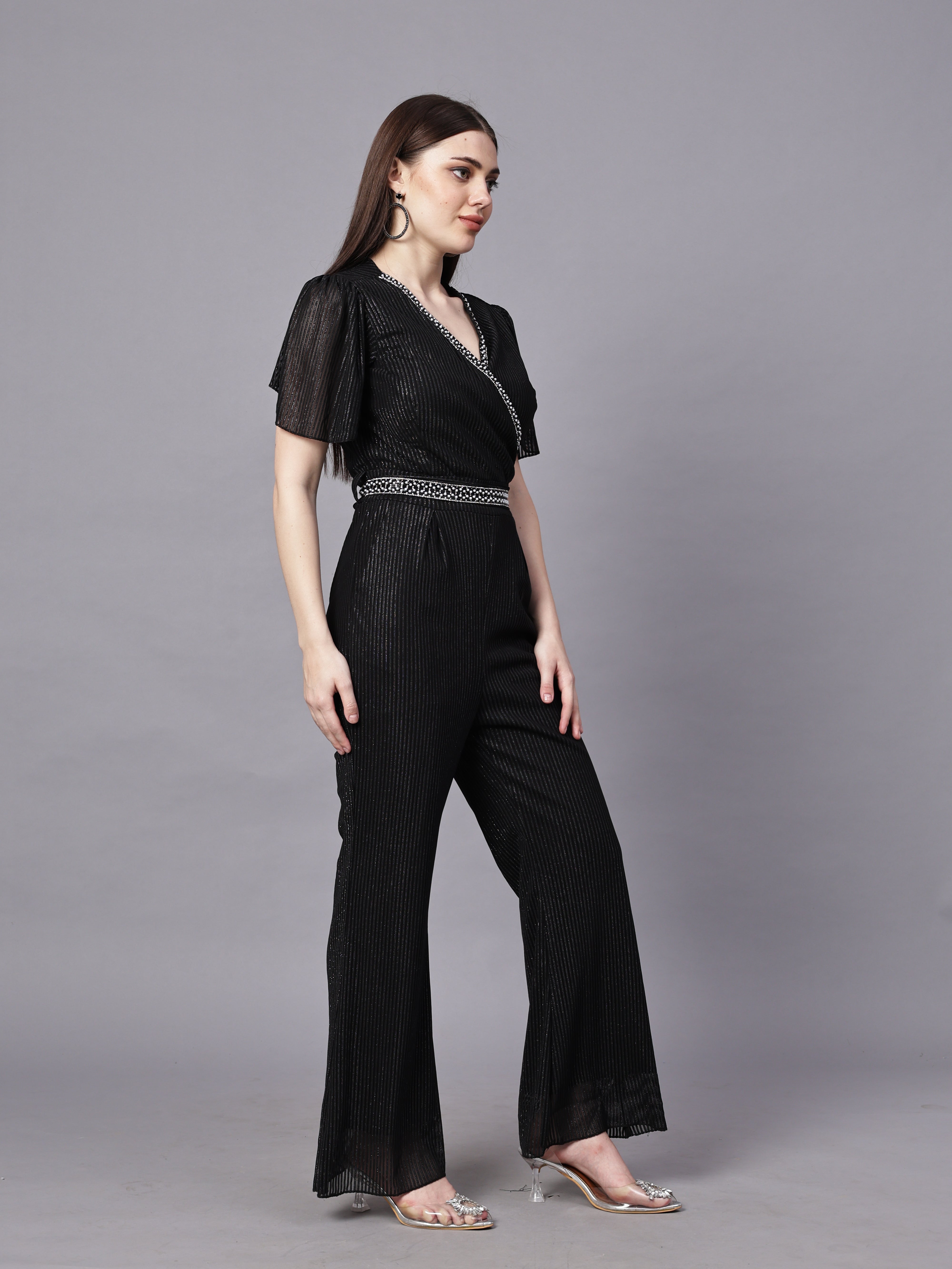 POWERNET CROSS NECK JUMPSUIT WITH BELT VRUFFEL SLEEVE