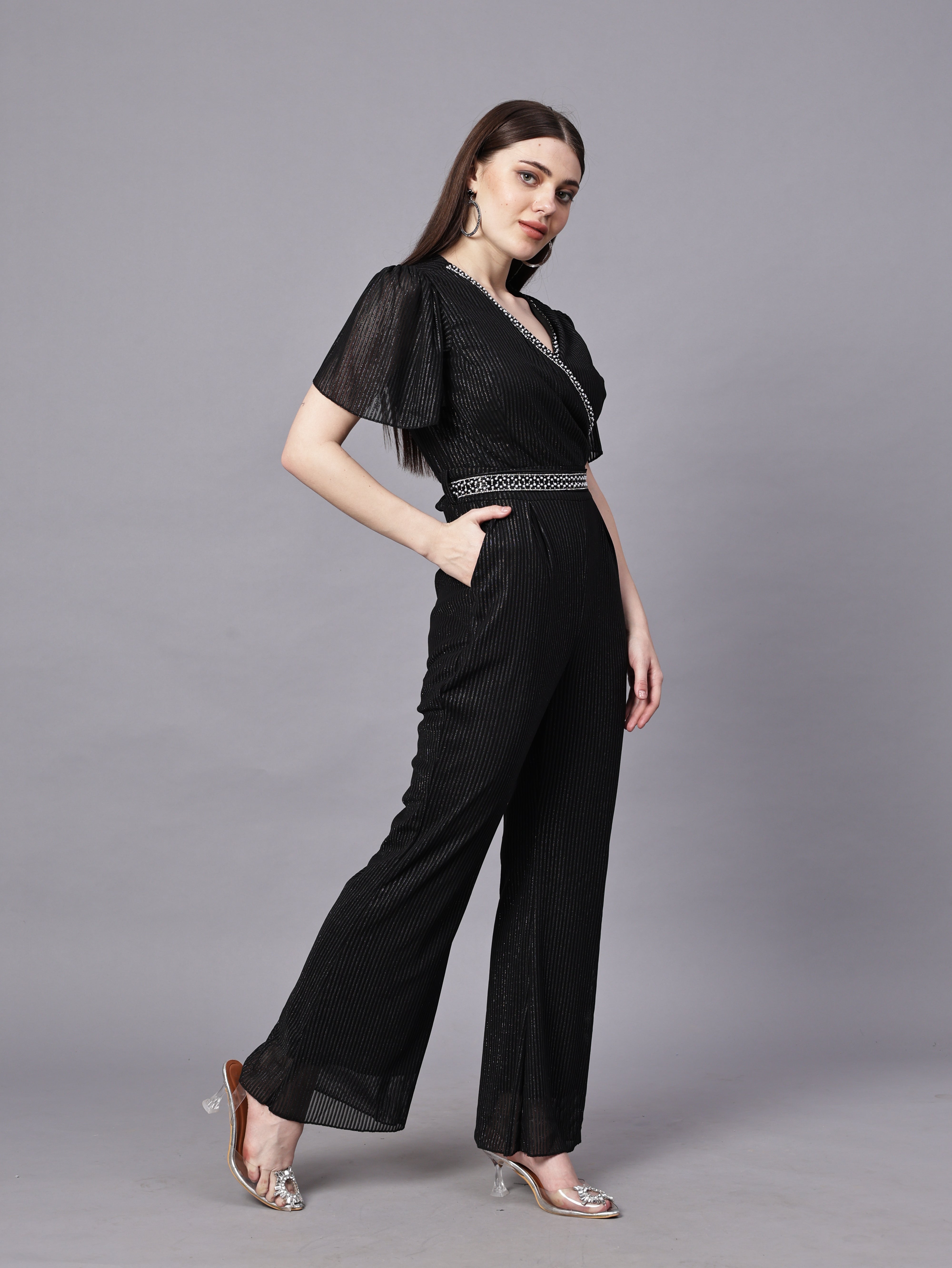 POWERNET CROSS NECK JUMPSUIT WITH BELT VRUFFEL SLEEVE