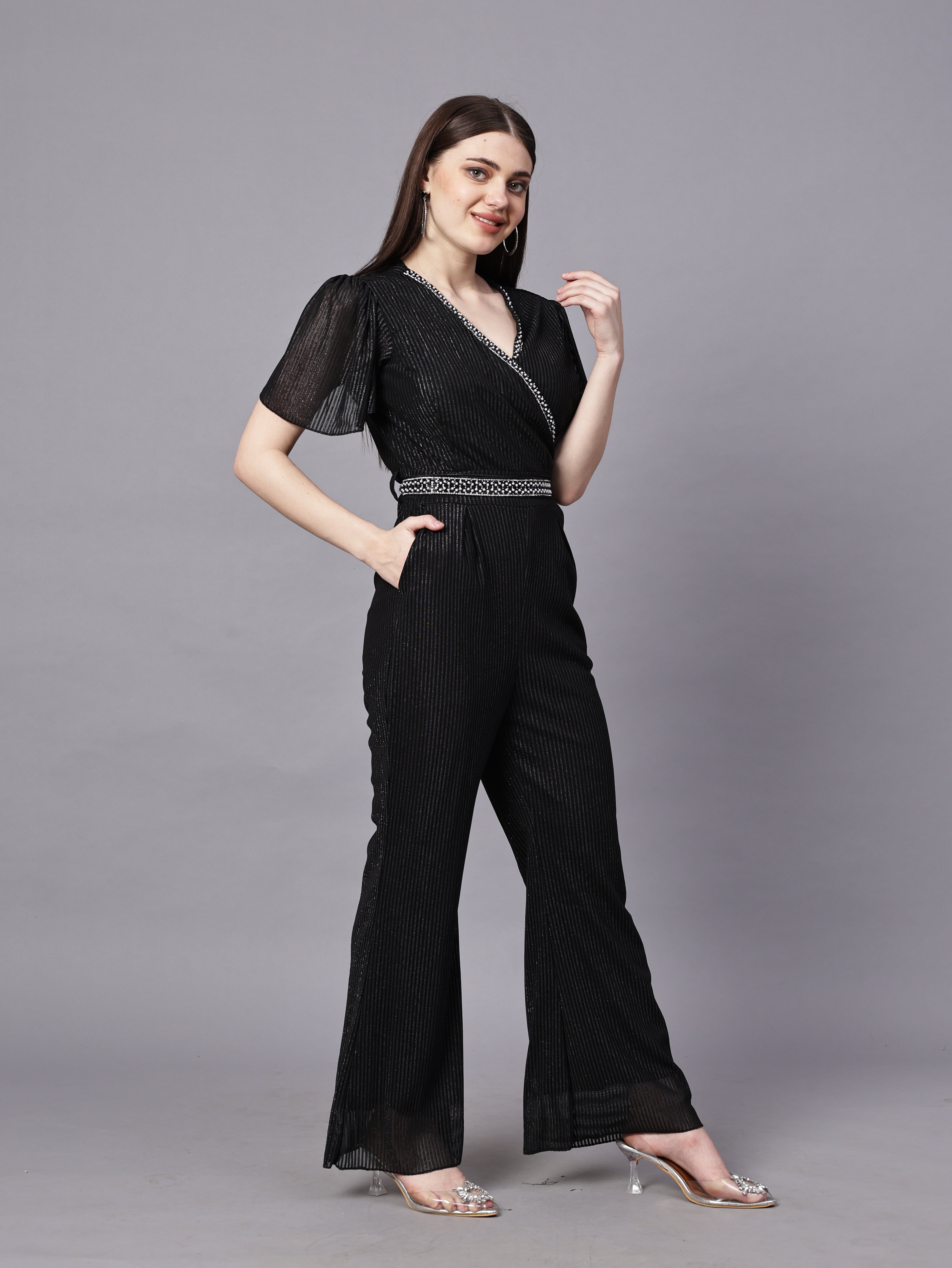 POWERNET CROSS NECK JUMPSUIT WITH BELT VRUFFEL SLEEVE