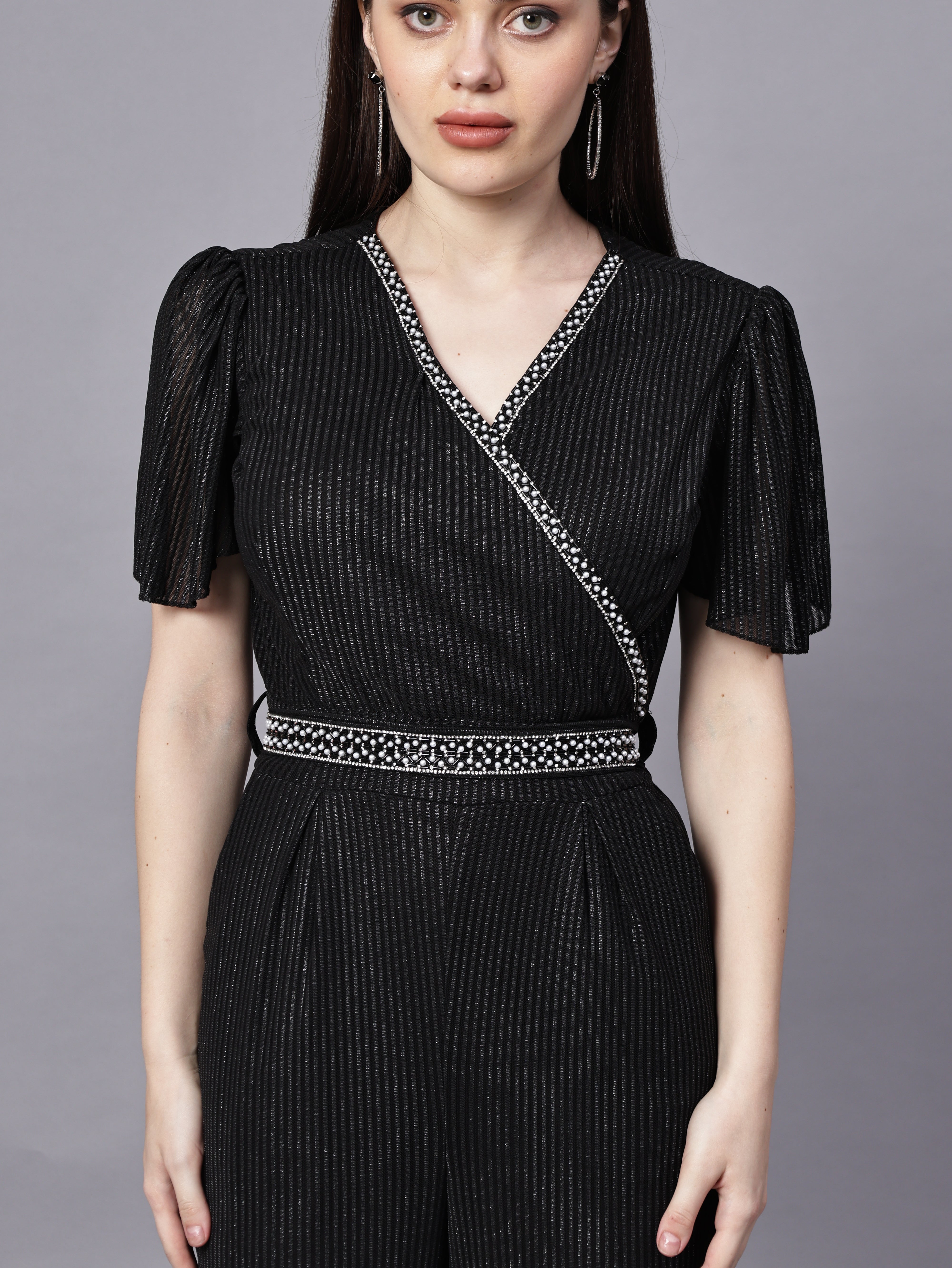 POWERNET CROSS NECK JUMPSUIT WITH BELT VRUFFEL SLEEVE