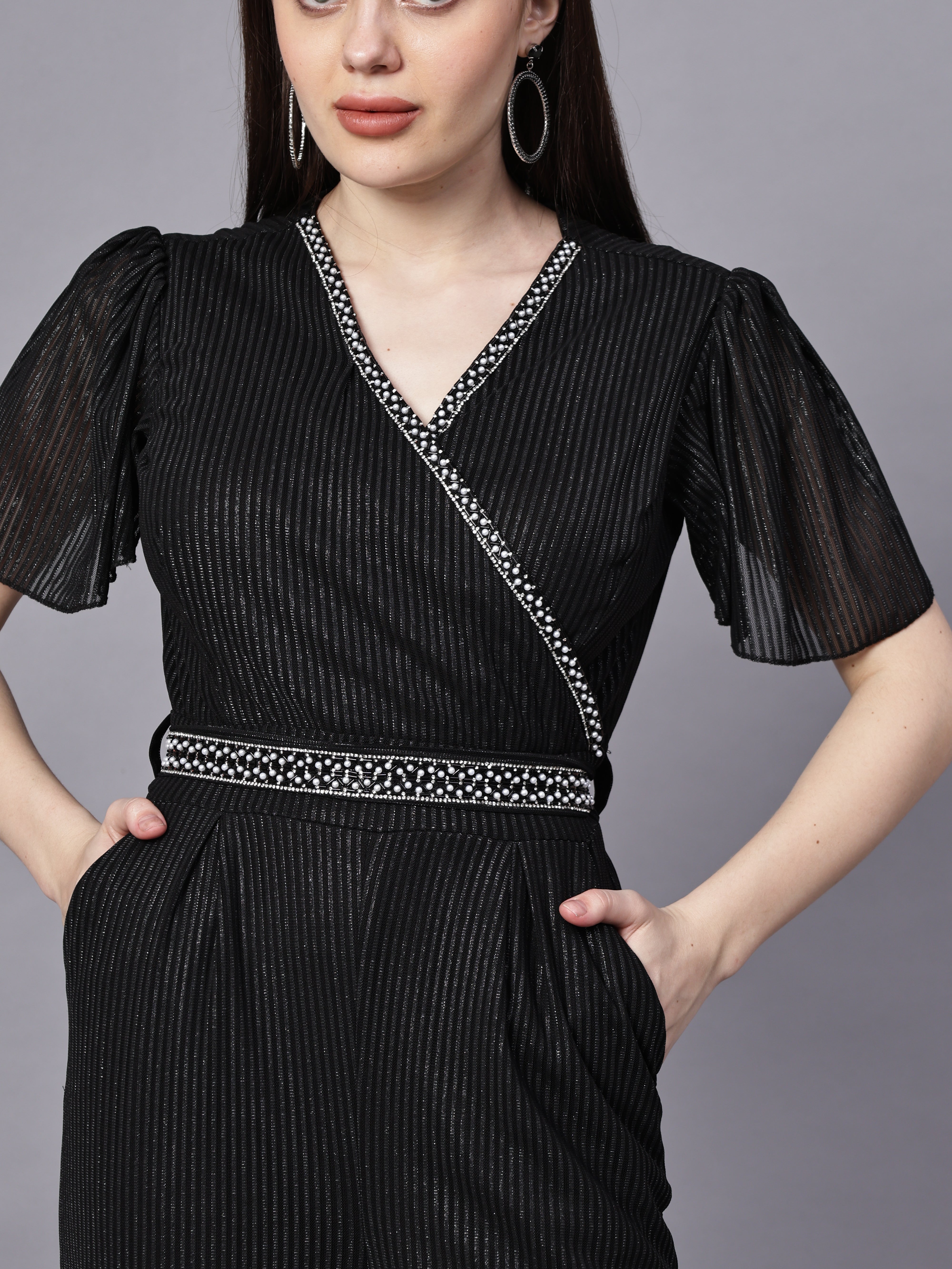 POWERNET CROSS NECK JUMPSUIT WITH BELT VRUFFEL SLEEVE