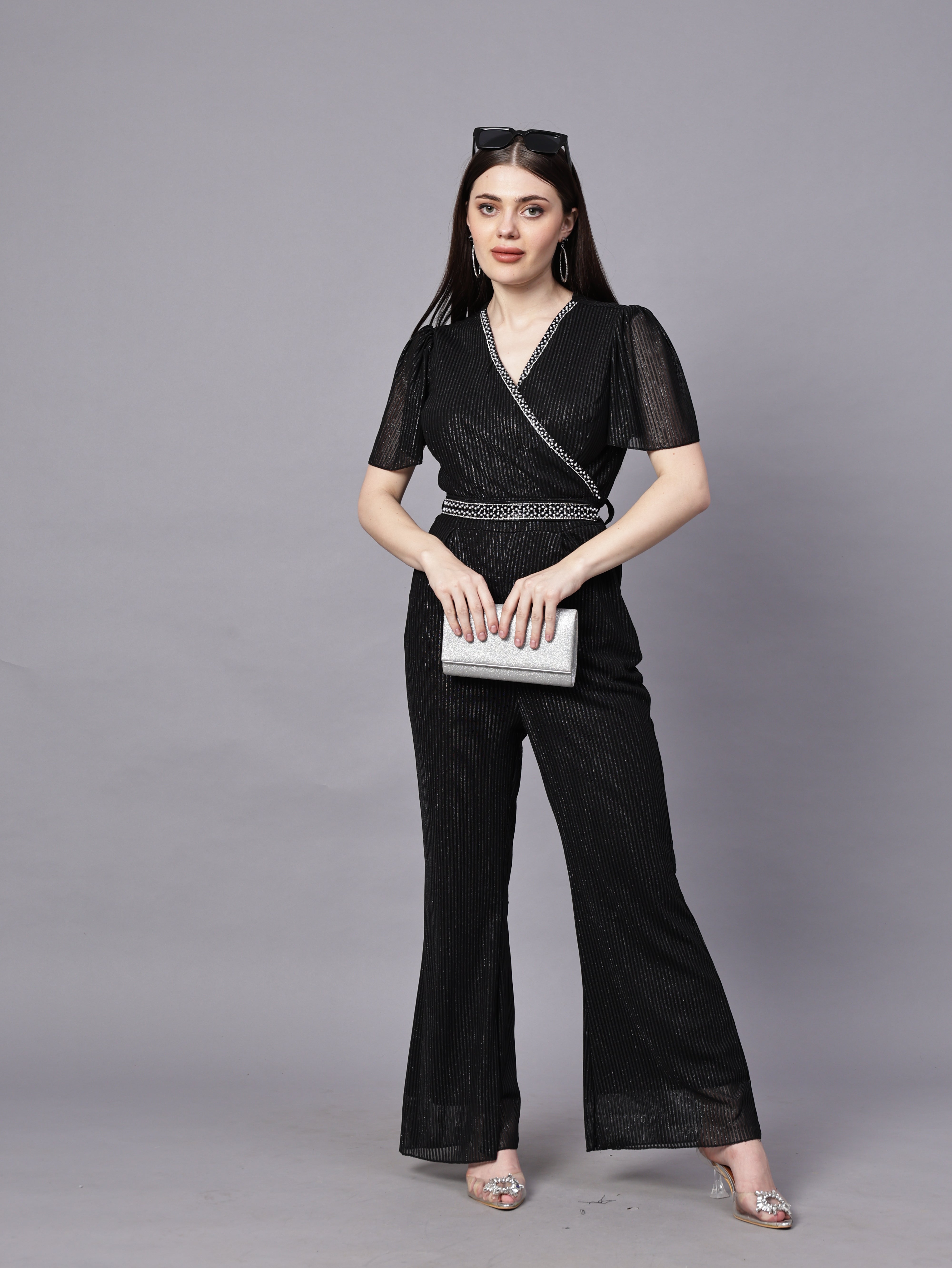 POWERNET CROSS NECK JUMPSUIT WITH BELT VRUFFEL SLEEVE