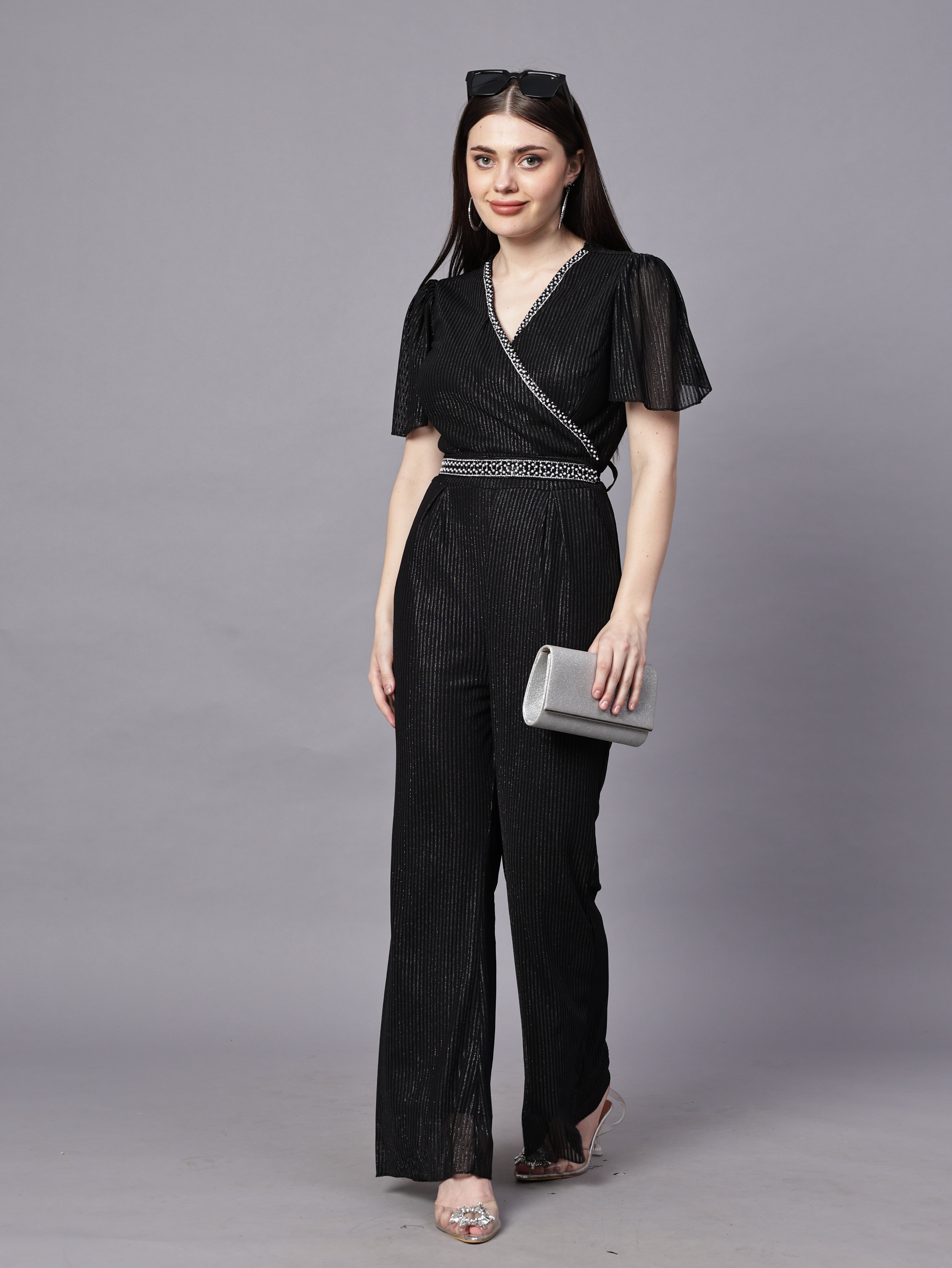 POWERNET CROSS NECK JUMPSUIT WITH BELT VRUFFEL SLEEVE