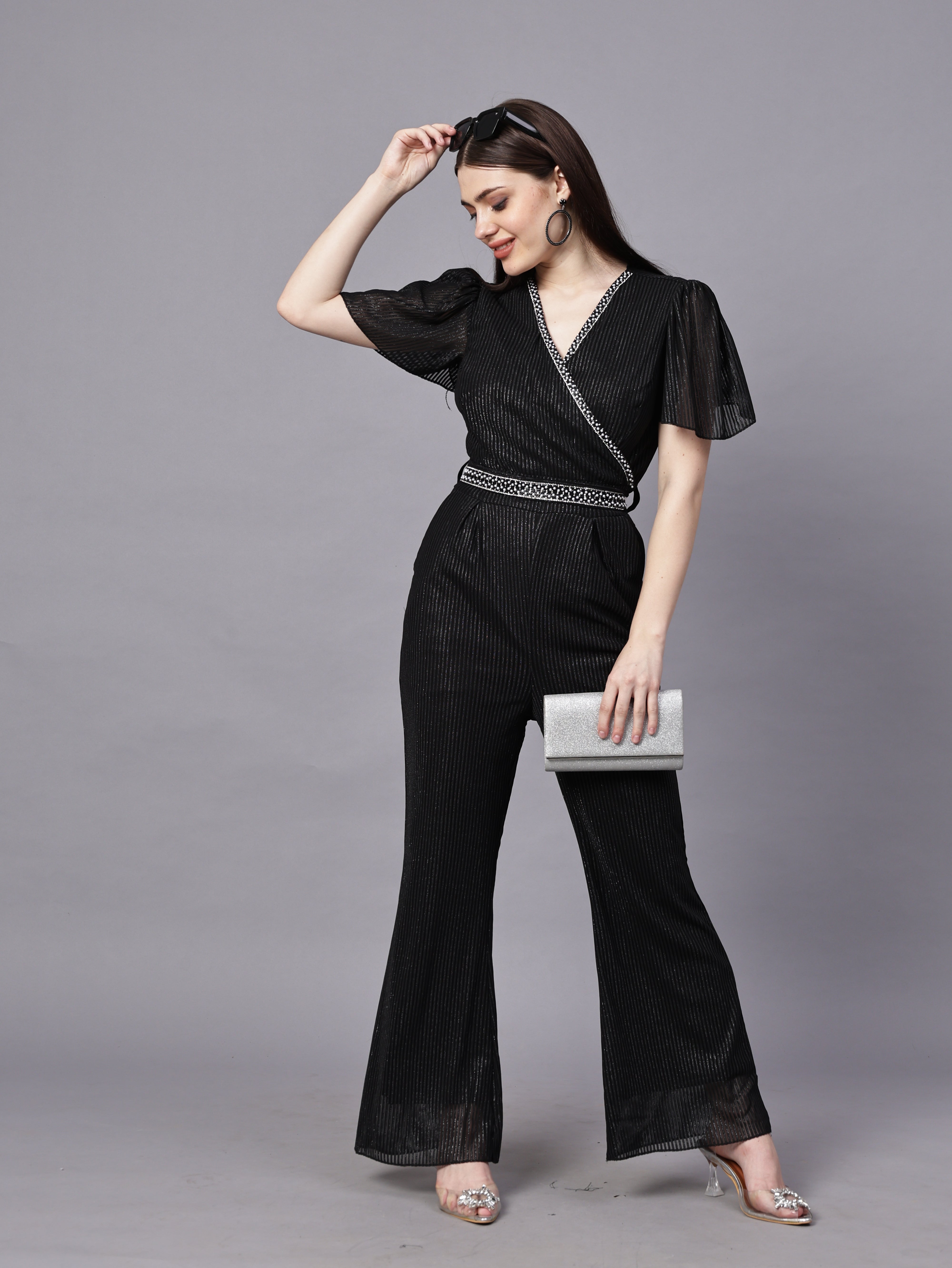 POWERNET CROSS NECK JUMPSUIT WITH BELT VRUFFEL SLEEVE