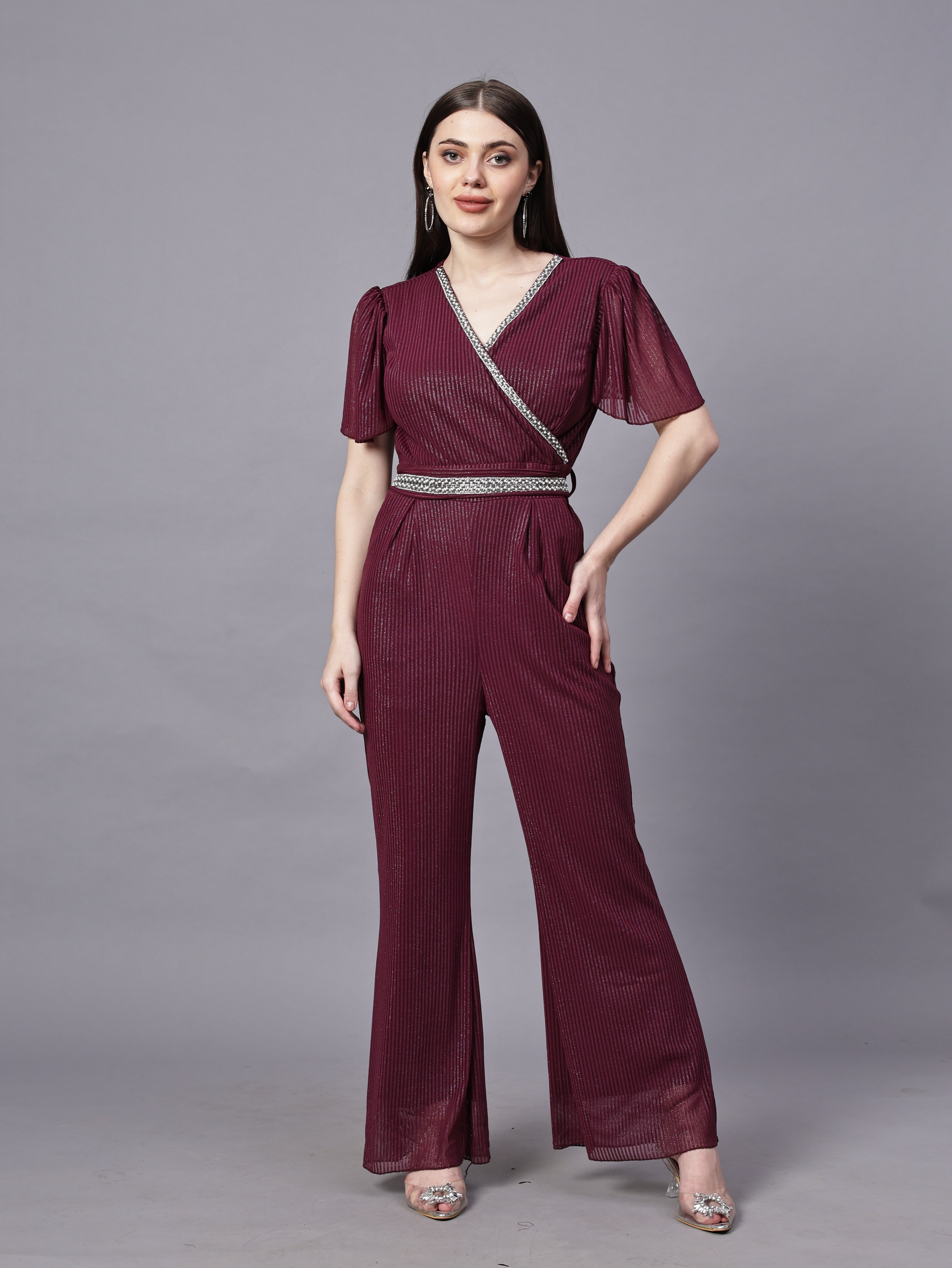 POWERNET CROSS NECK JUMPSUIT WITH BELT VRUFFEL SLEEVE