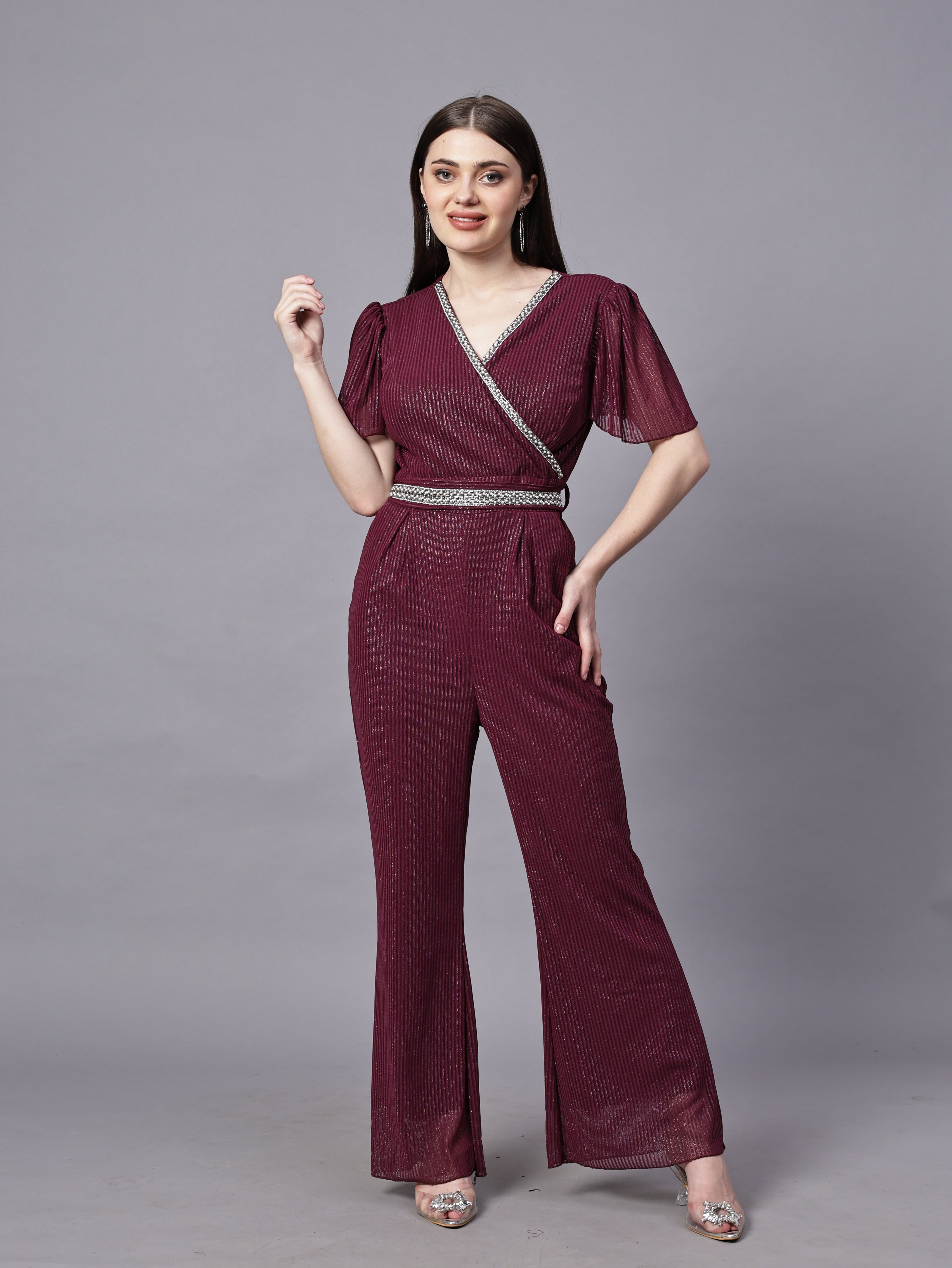 POWERNET CROSS NECK JUMPSUIT WITH BELT VRUFFEL SLEEVE