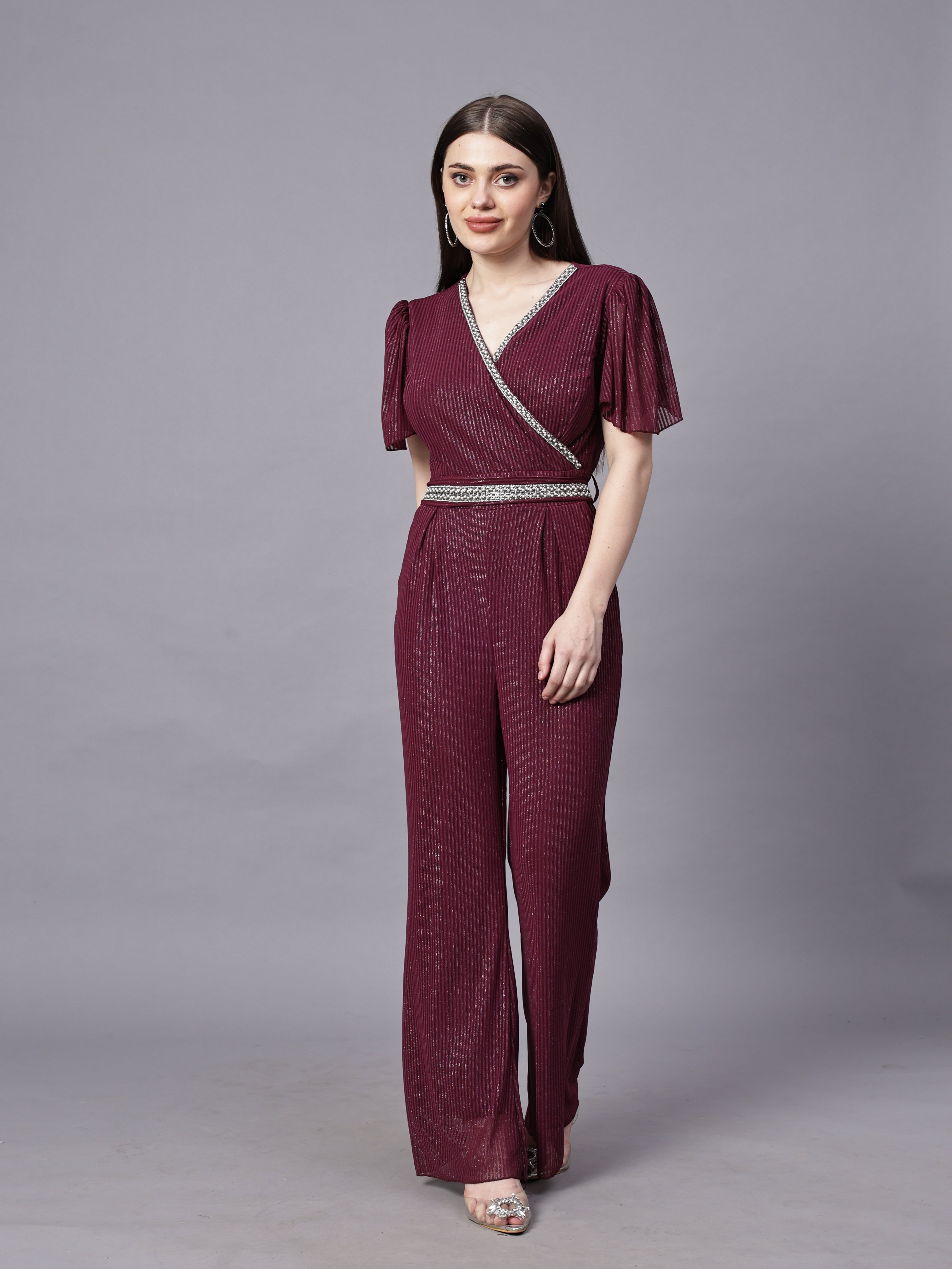 POWERNET CROSS NECK JUMPSUIT WITH BELT VRUFFEL SLEEVE