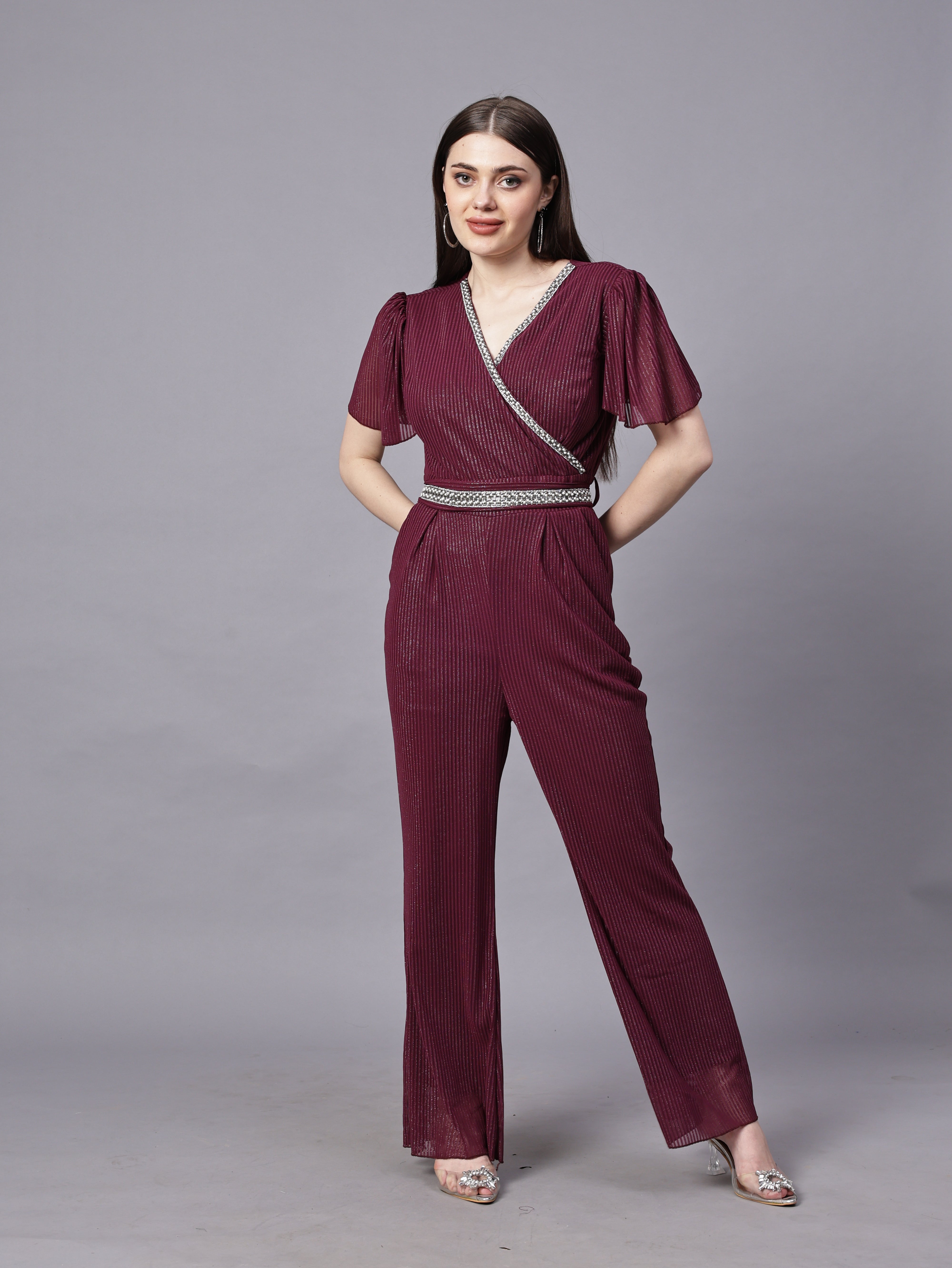 POWERNET CROSS NECK JUMPSUIT WITH BELT VRUFFEL SLEEVE