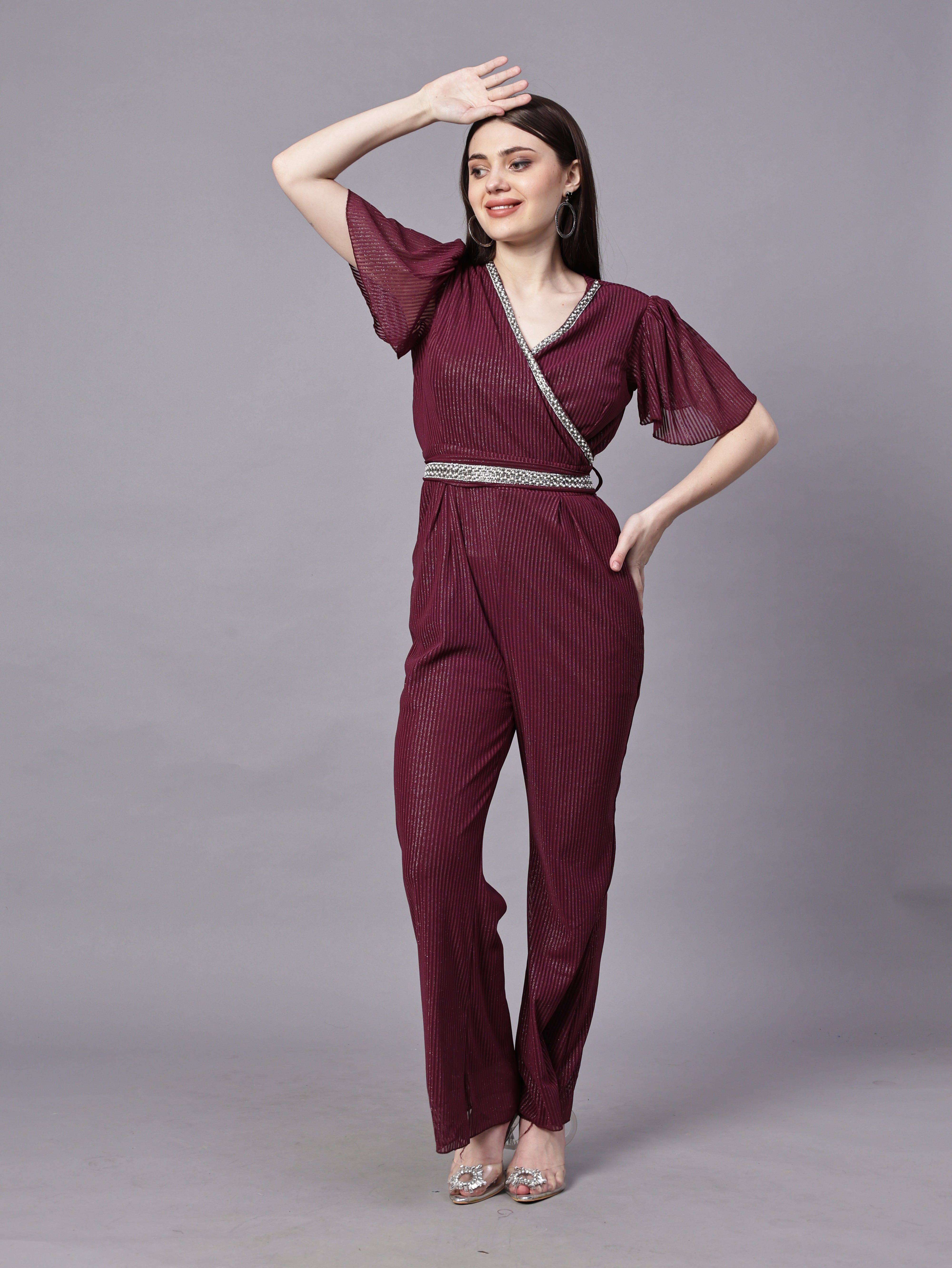 POWERNET CROSS NECK JUMPSUIT WITH BELT VRUFFEL SLEEVE