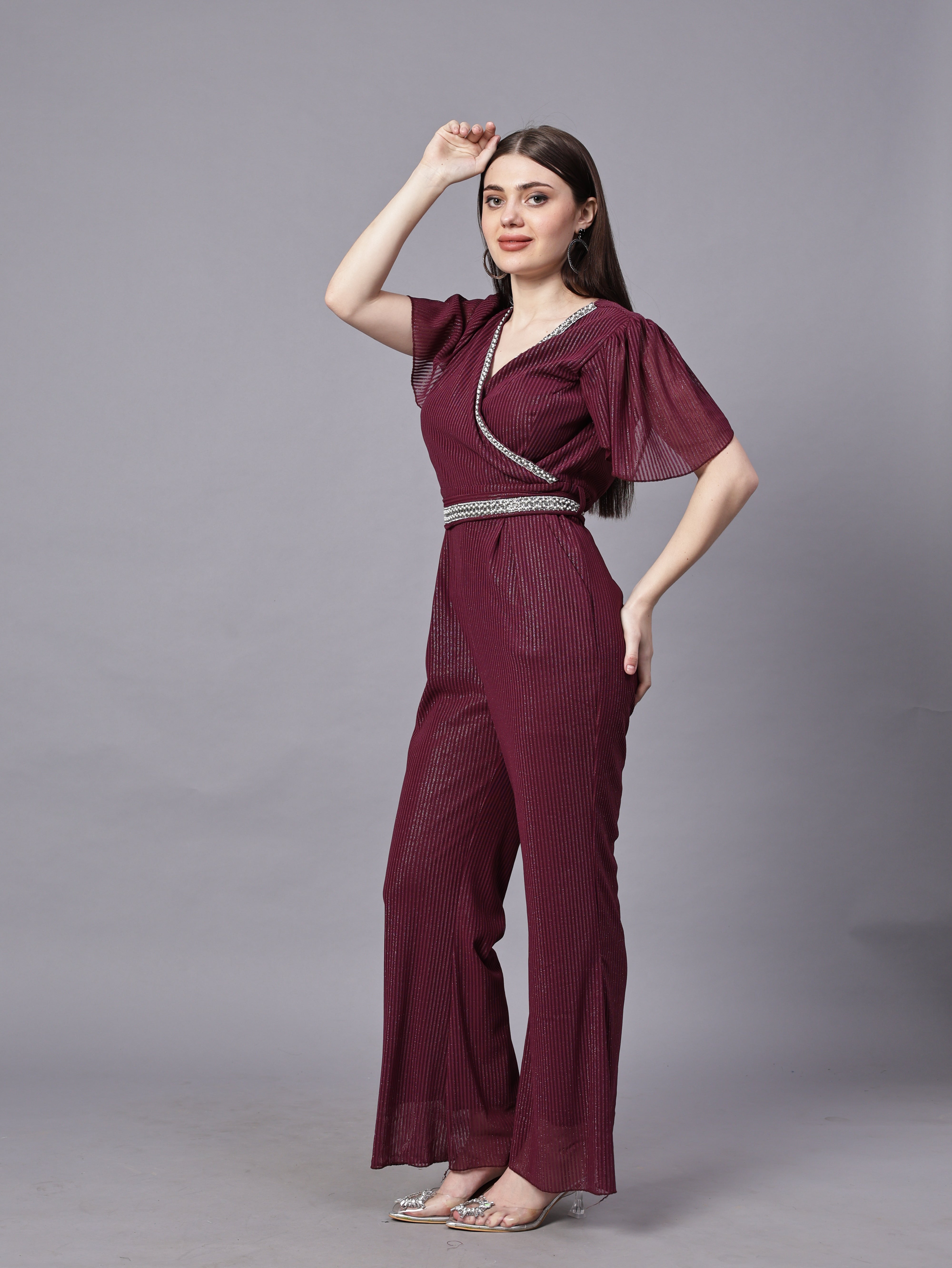 POWERNET CROSS NECK JUMPSUIT WITH BELT VRUFFEL SLEEVE