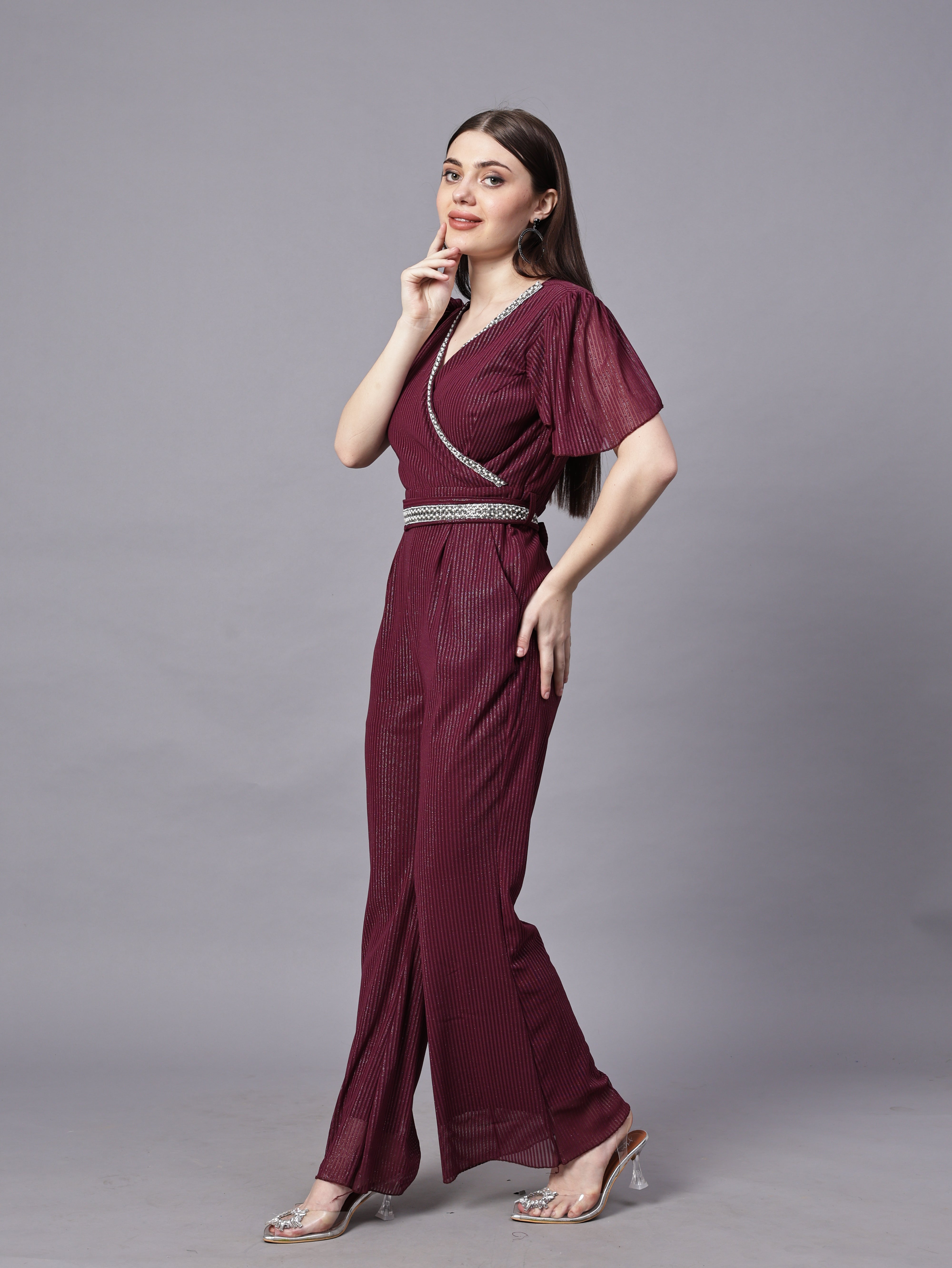 POWERNET CROSS NECK JUMPSUIT WITH BELT VRUFFEL SLEEVE