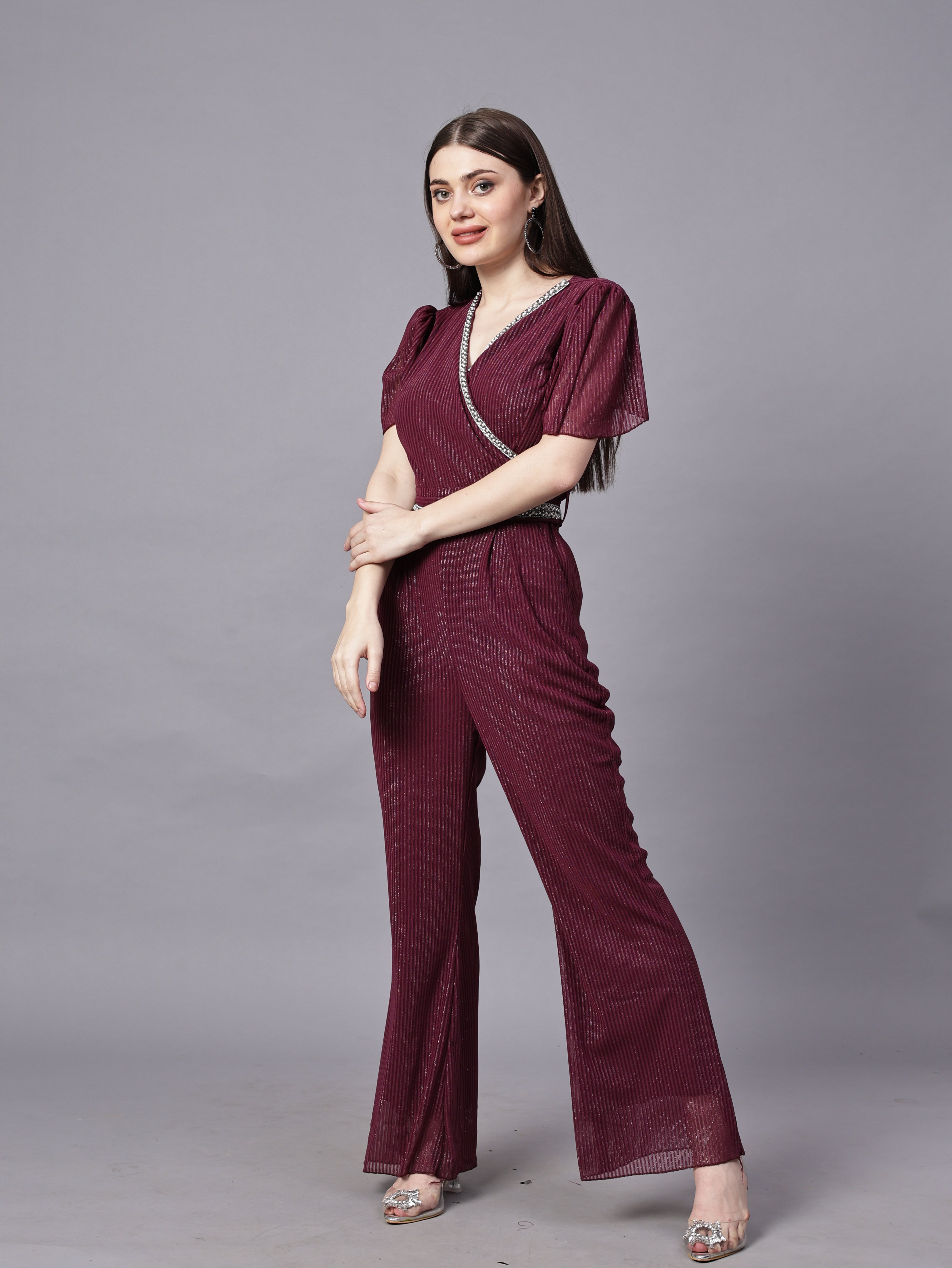 POWERNET CROSS NECK JUMPSUIT WITH BELT VRUFFEL SLEEVE