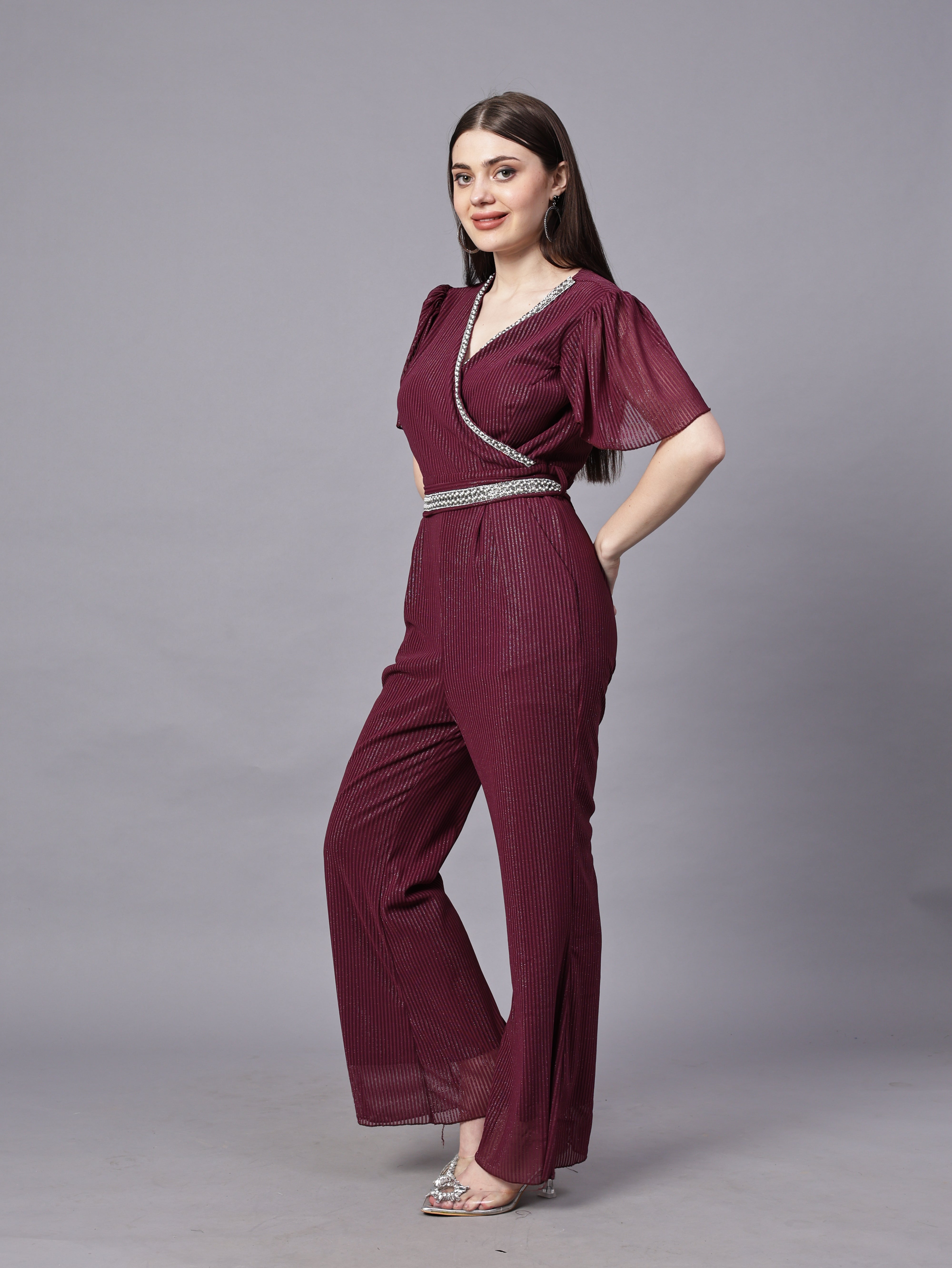 POWERNET CROSS NECK JUMPSUIT WITH BELT VRUFFEL SLEEVE