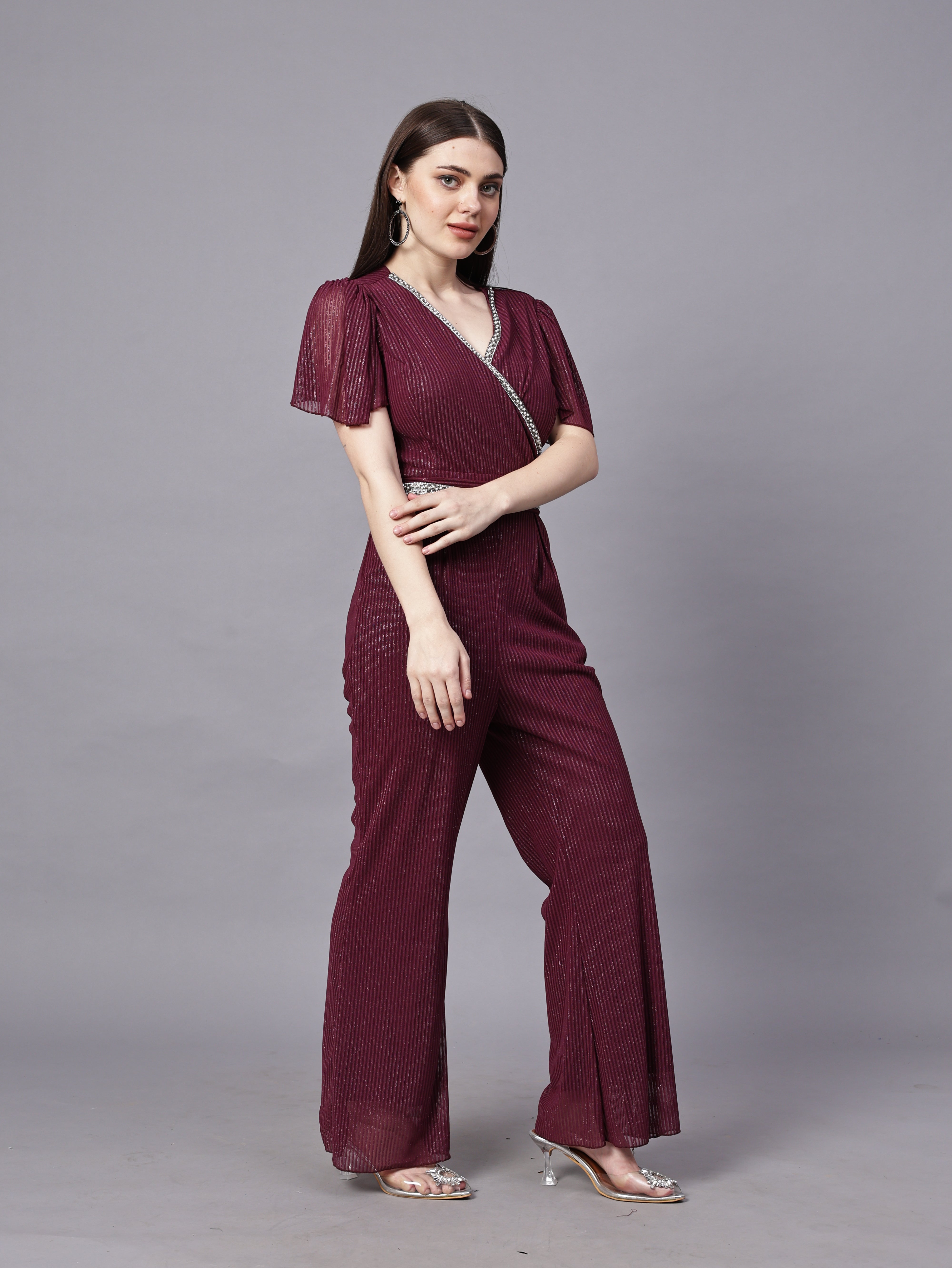 POWERNET CROSS NECK JUMPSUIT WITH BELT VRUFFEL SLEEVE