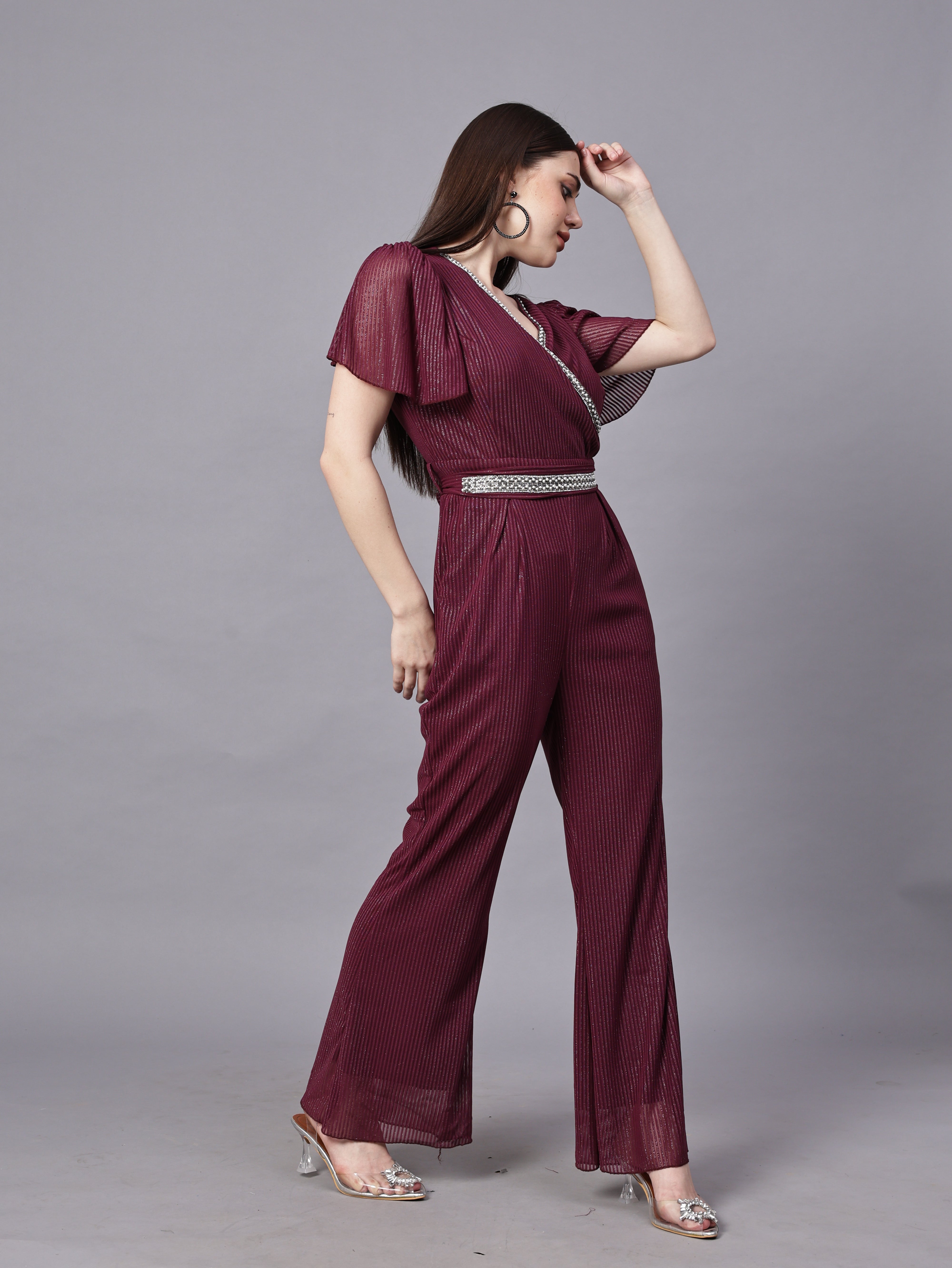 POWERNET CROSS NECK JUMPSUIT WITH BELT VRUFFEL SLEEVE