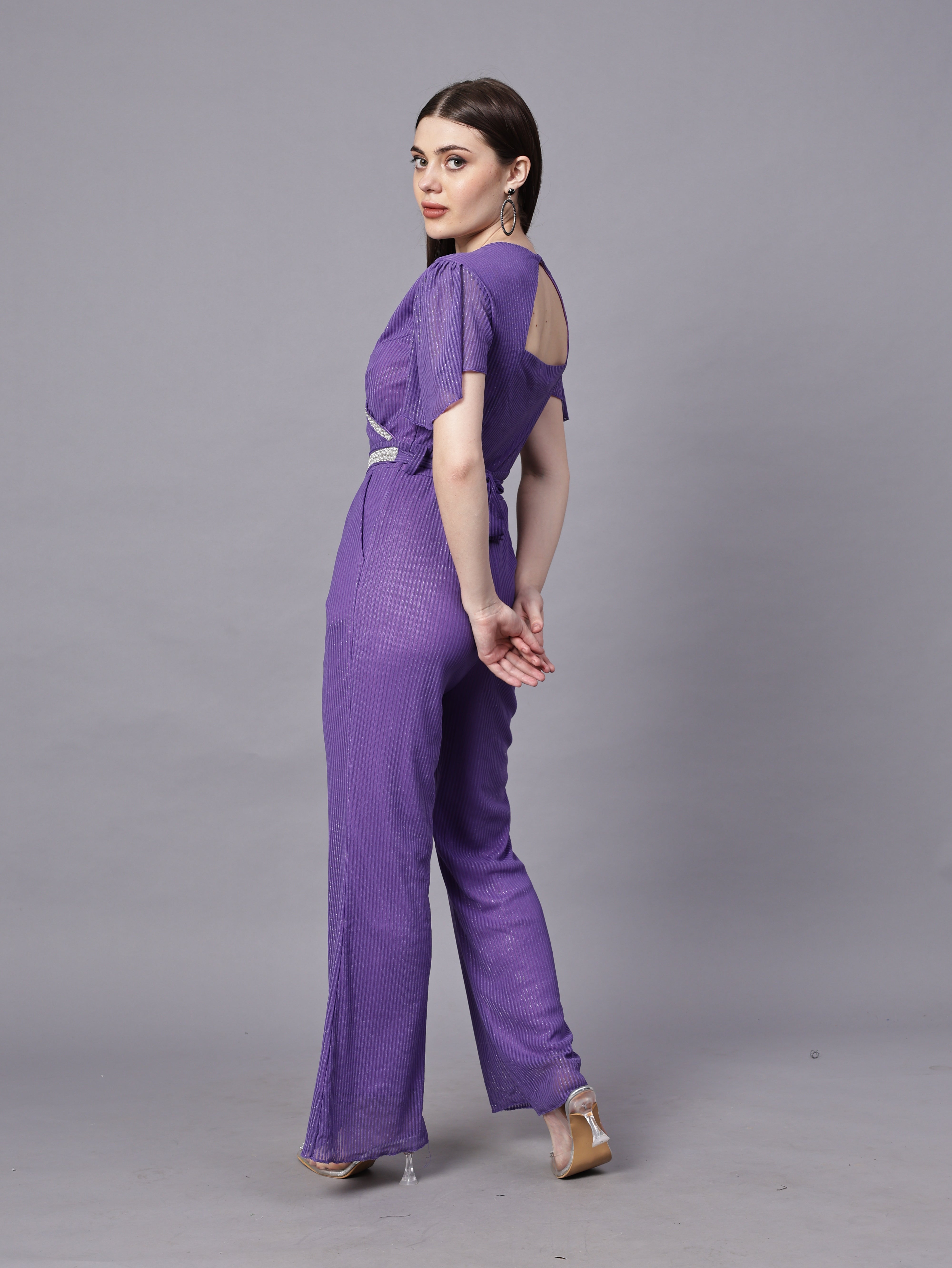 POWERNET CROSS NECK JUMPSUIT WITH BELT VRUFFEL SLEEVE