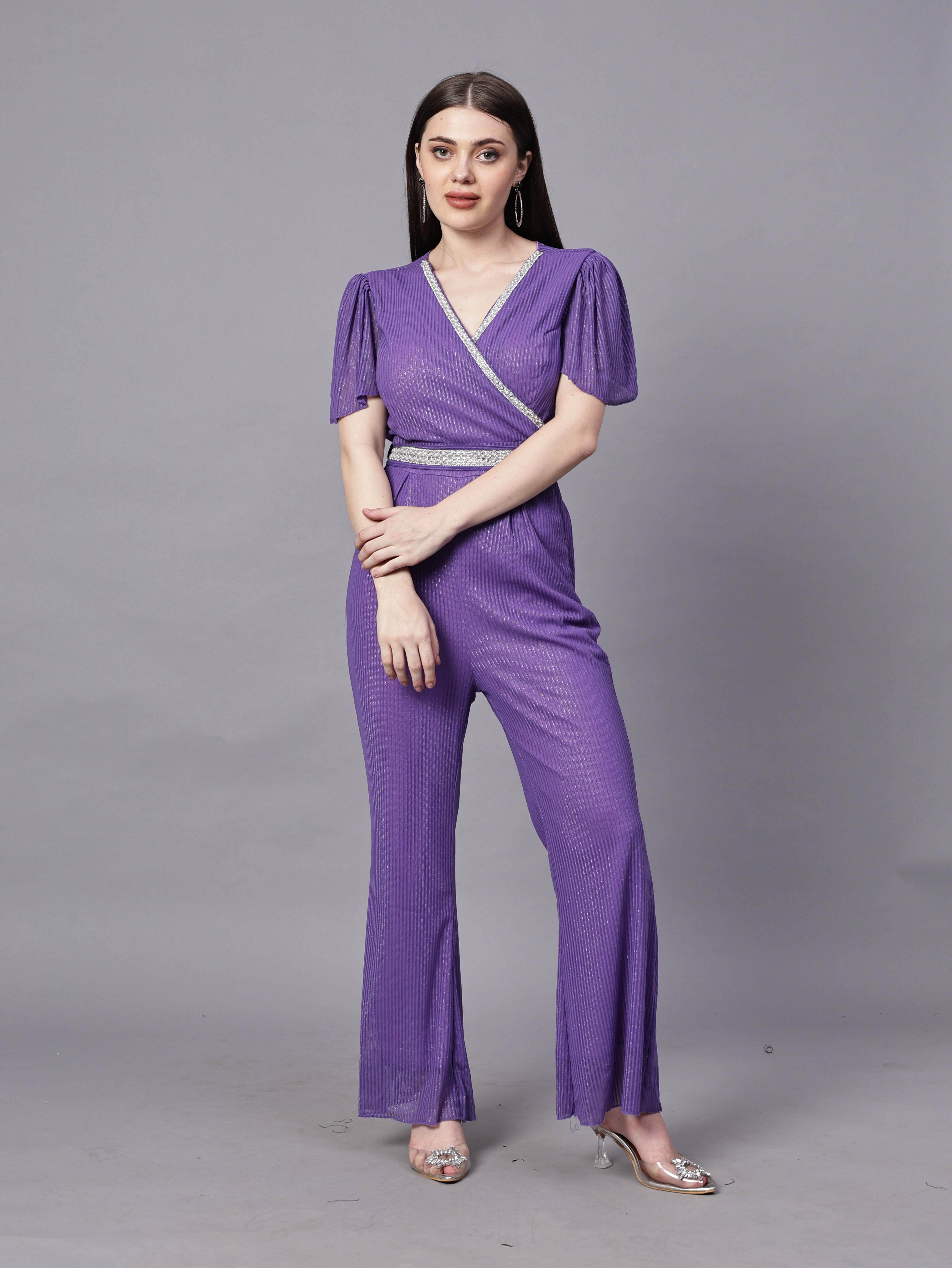 POWERNET CROSS NECK JUMPSUIT WITH BELT VRUFFEL SLEEVE