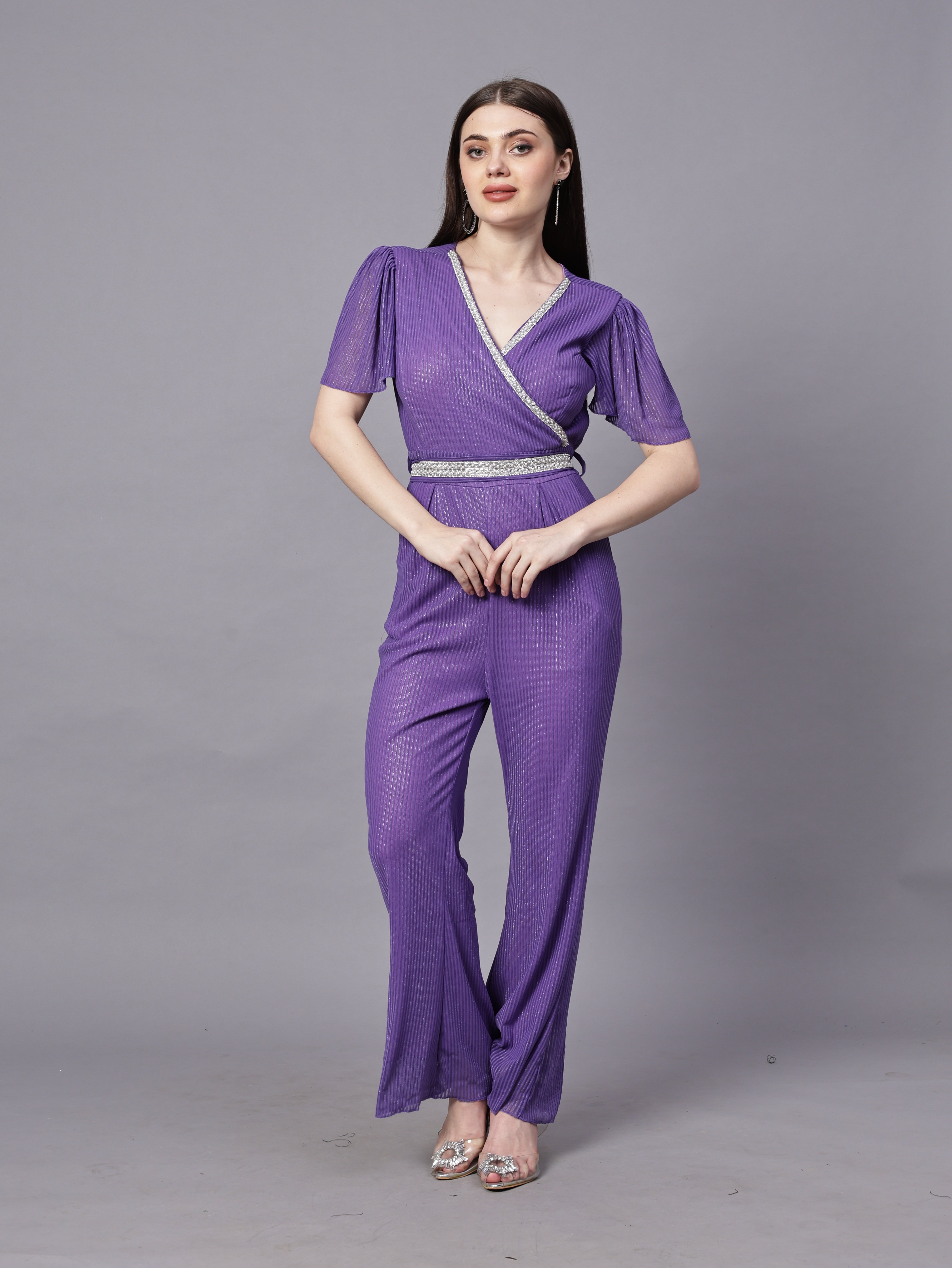 POWERNET CROSS NECK JUMPSUIT WITH BELT VRUFFEL SLEEVE