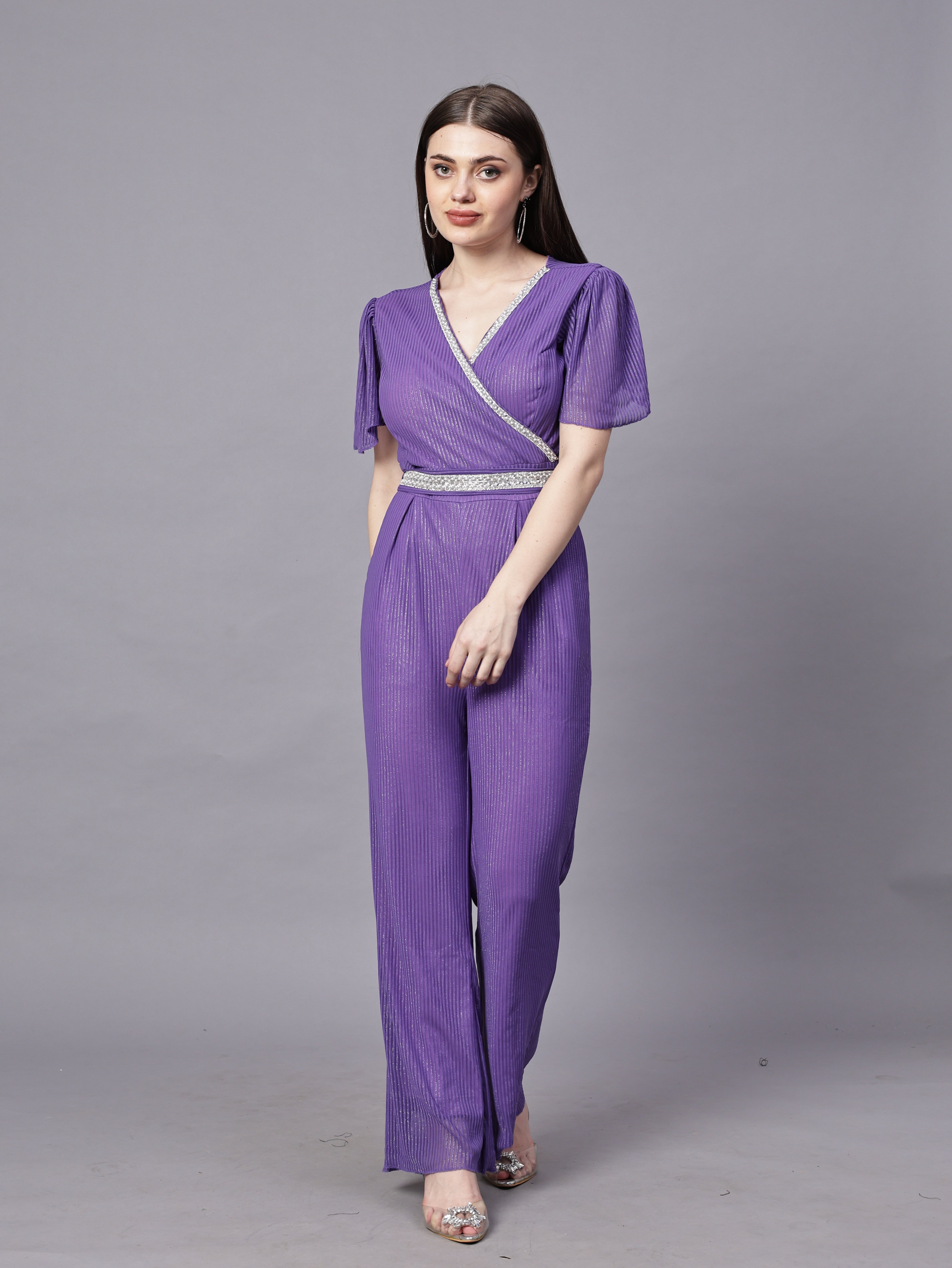 POWERNET CROSS NECK JUMPSUIT WITH BELT VRUFFEL SLEEVE