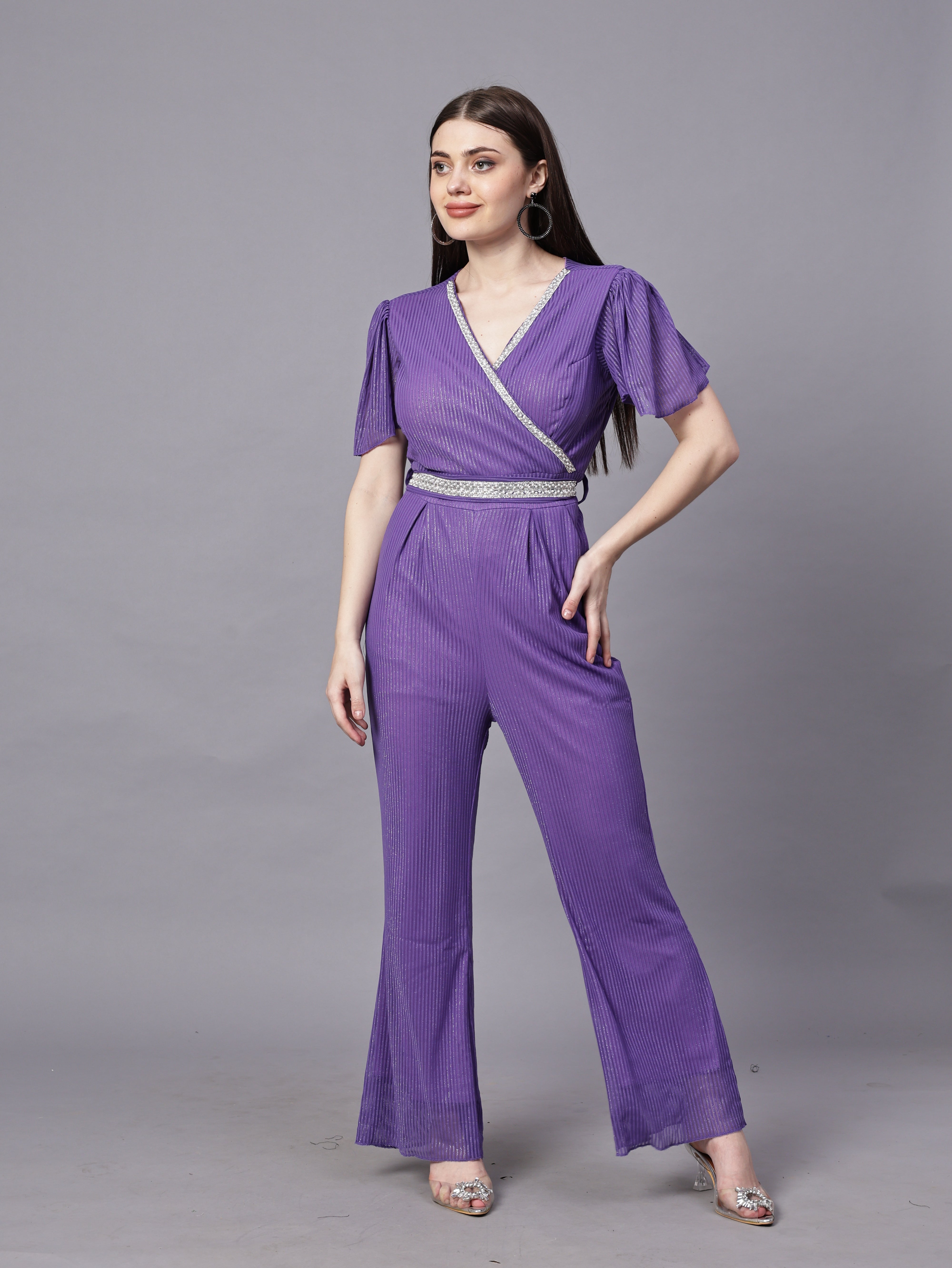 POWERNET CROSS NECK JUMPSUIT WITH BELT VRUFFEL SLEEVE