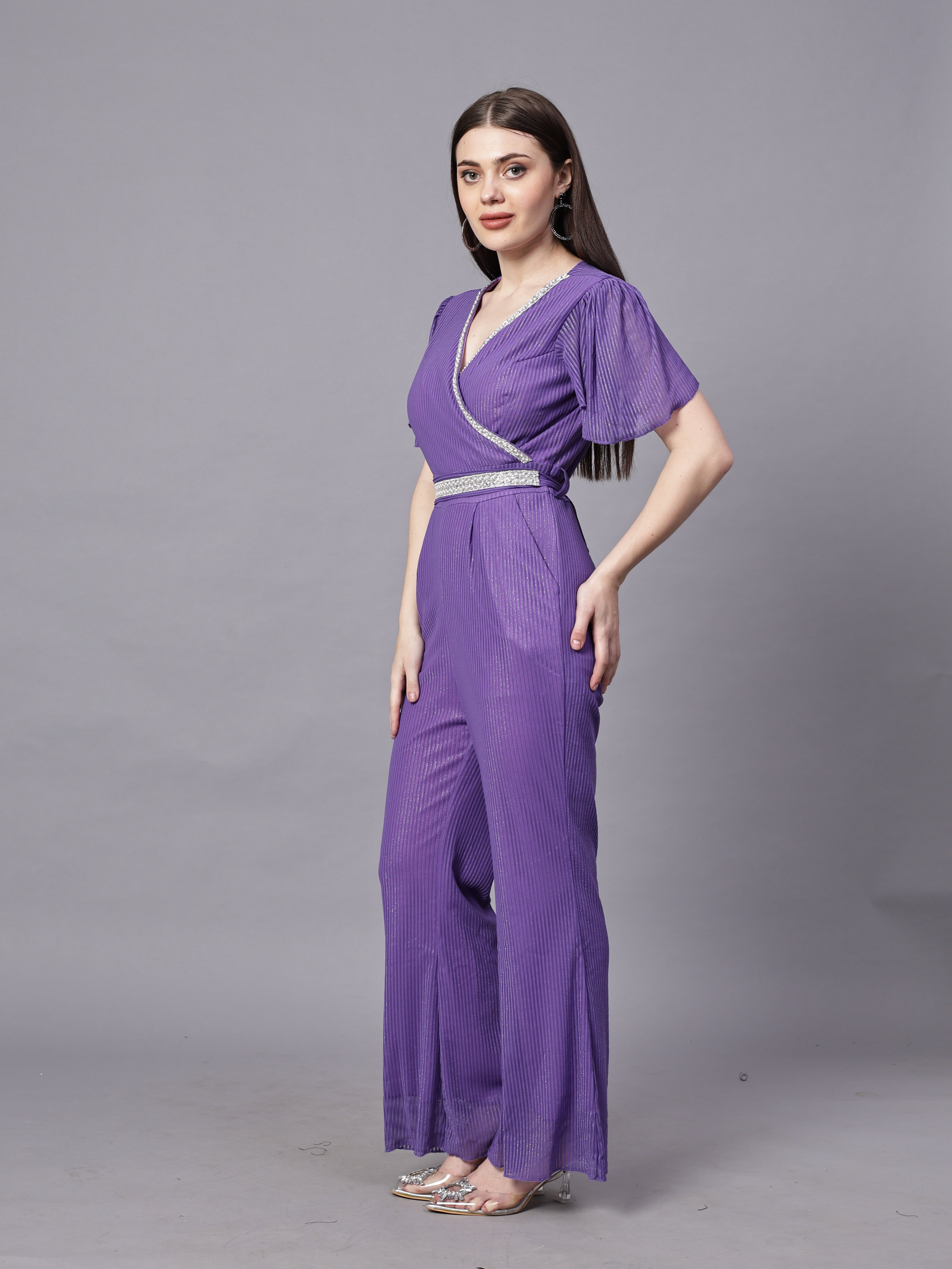 POWERNET CROSS NECK JUMPSUIT WITH BELT VRUFFEL SLEEVE