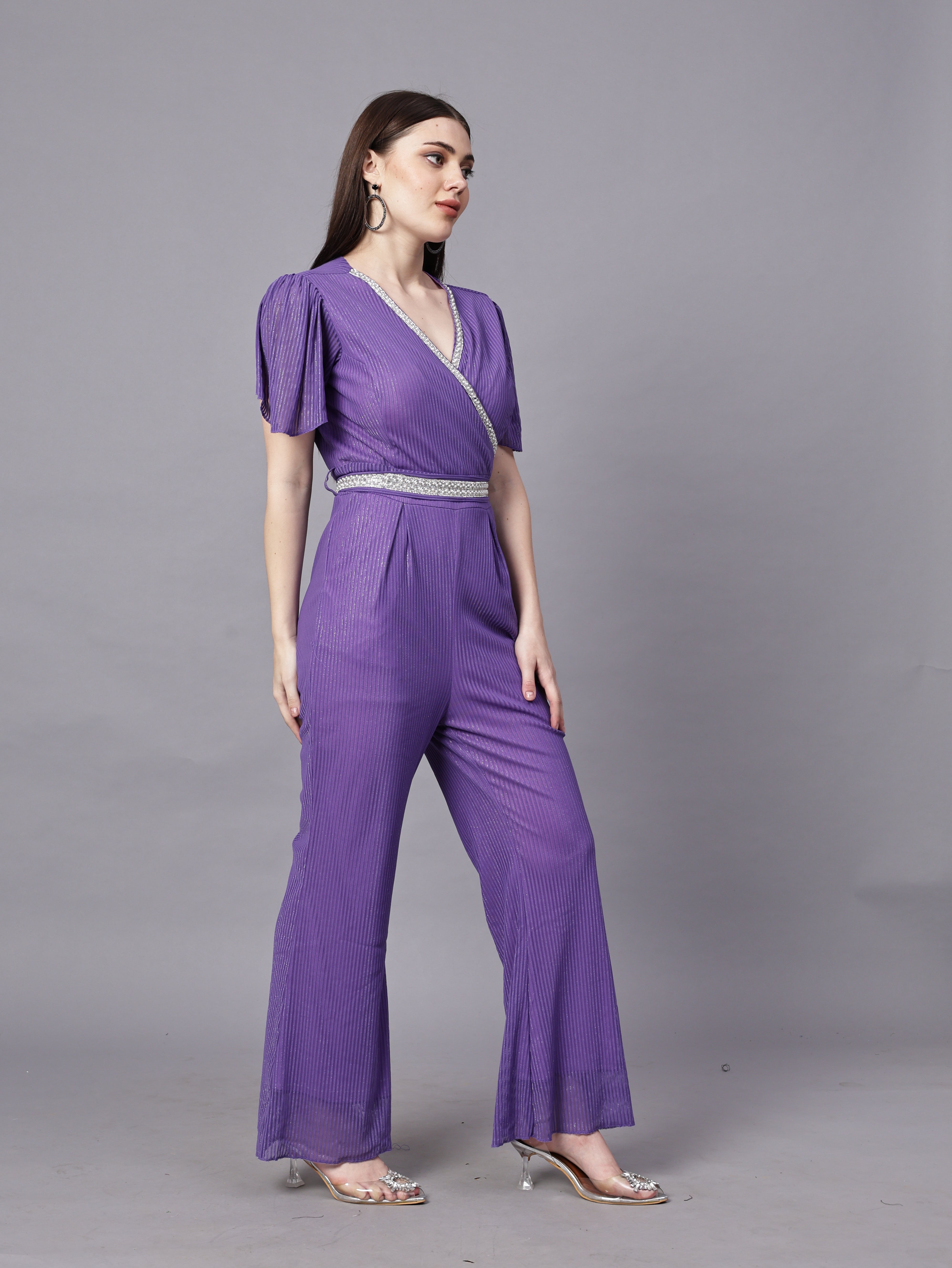 POWERNET CROSS NECK JUMPSUIT WITH BELT VRUFFEL SLEEVE