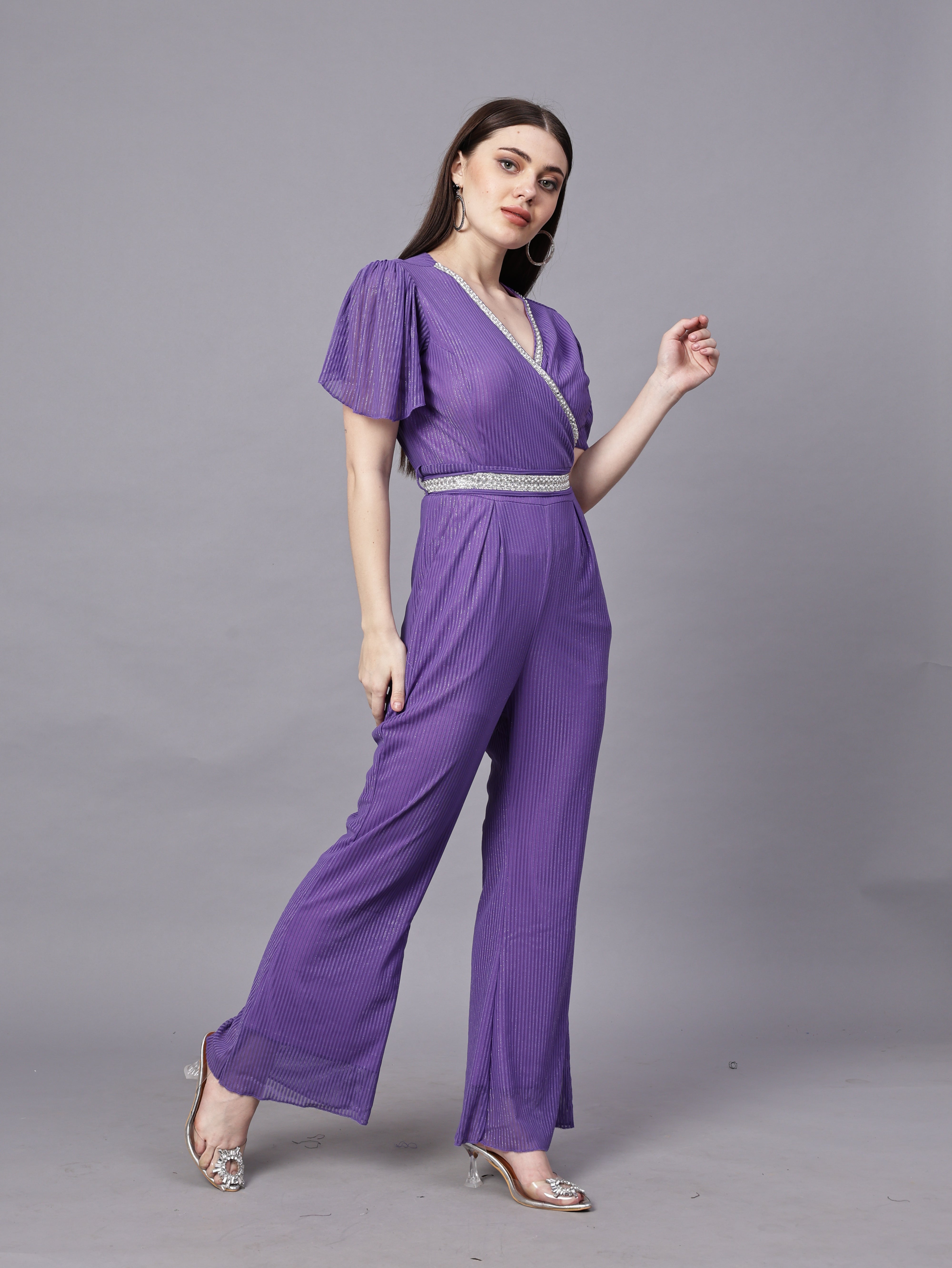 POWERNET CROSS NECK JUMPSUIT WITH BELT VRUFFEL SLEEVE