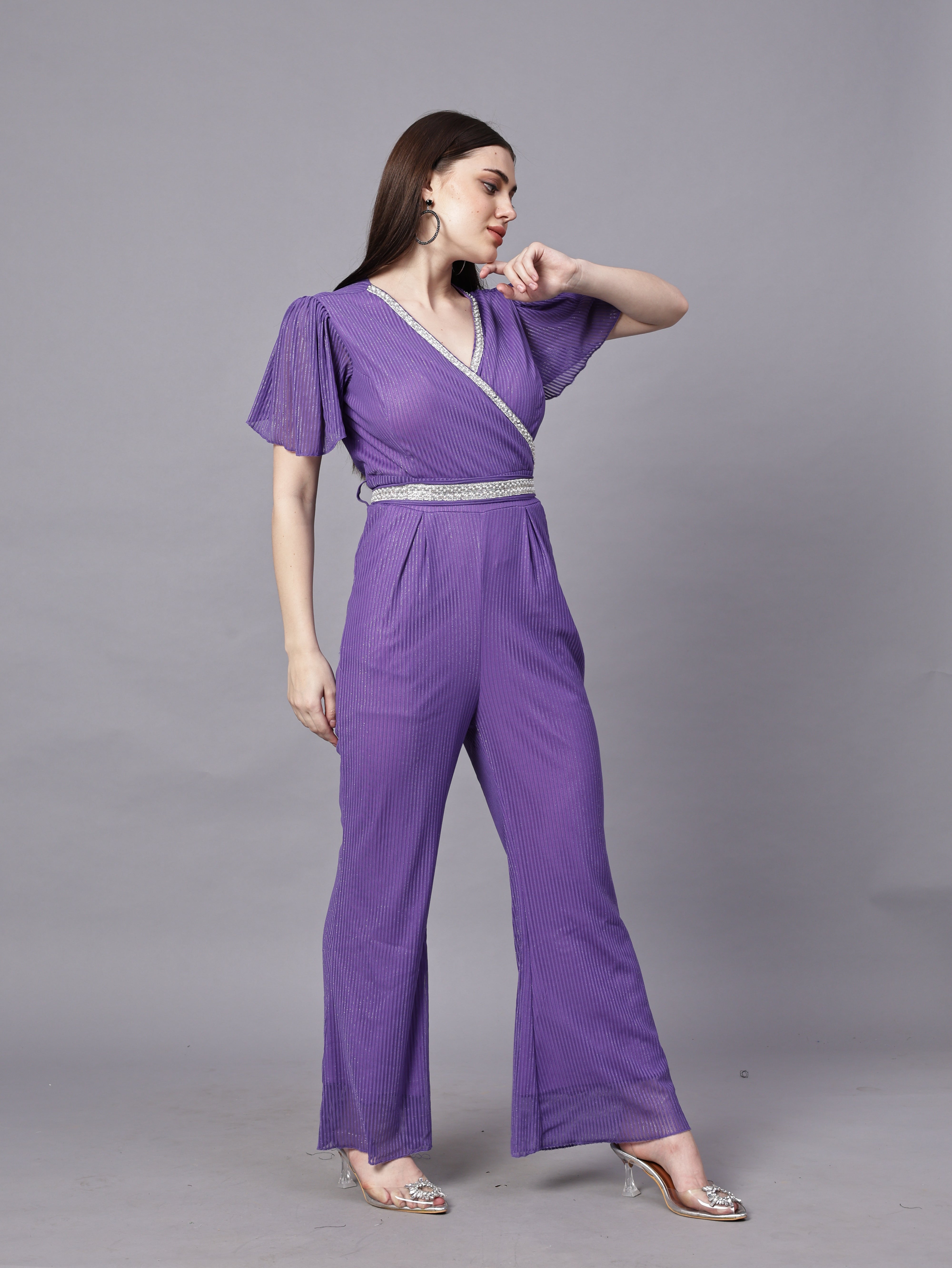 POWERNET CROSS NECK JUMPSUIT WITH BELT VRUFFEL SLEEVE