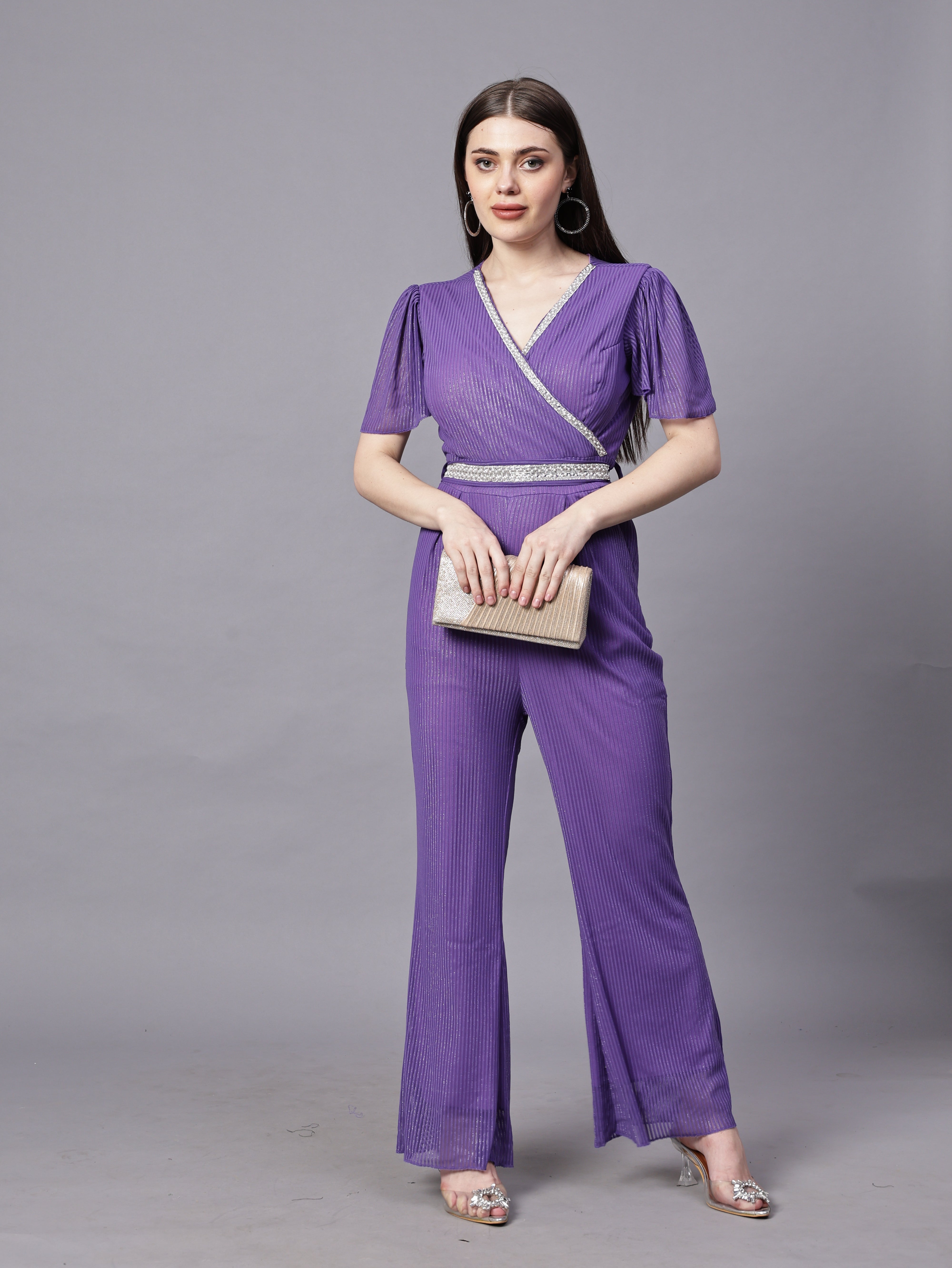 POWERNET CROSS NECK JUMPSUIT WITH BELT VRUFFEL SLEEVE