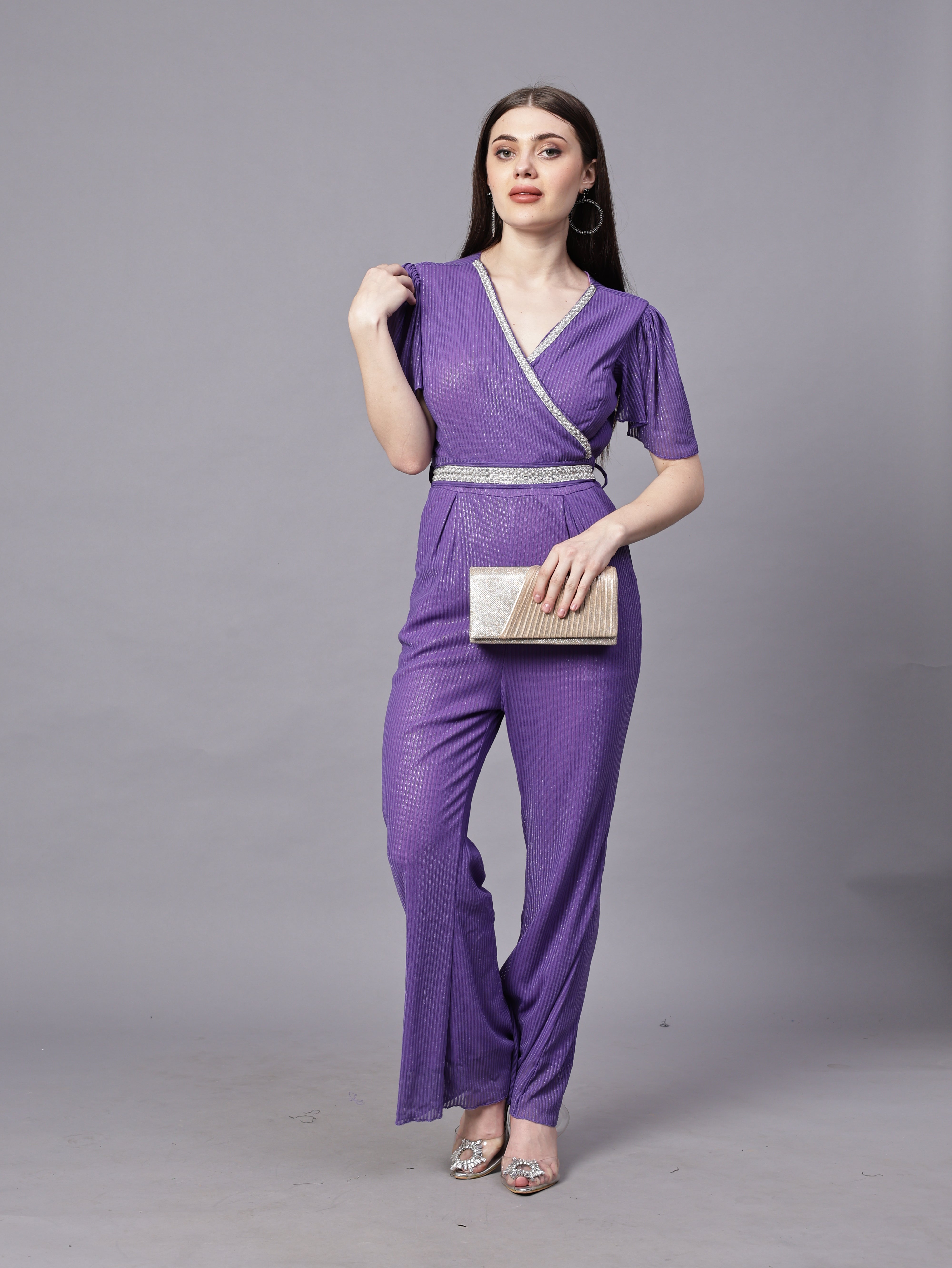 POWERNET CROSS NECK JUMPSUIT WITH BELT VRUFFEL SLEEVE