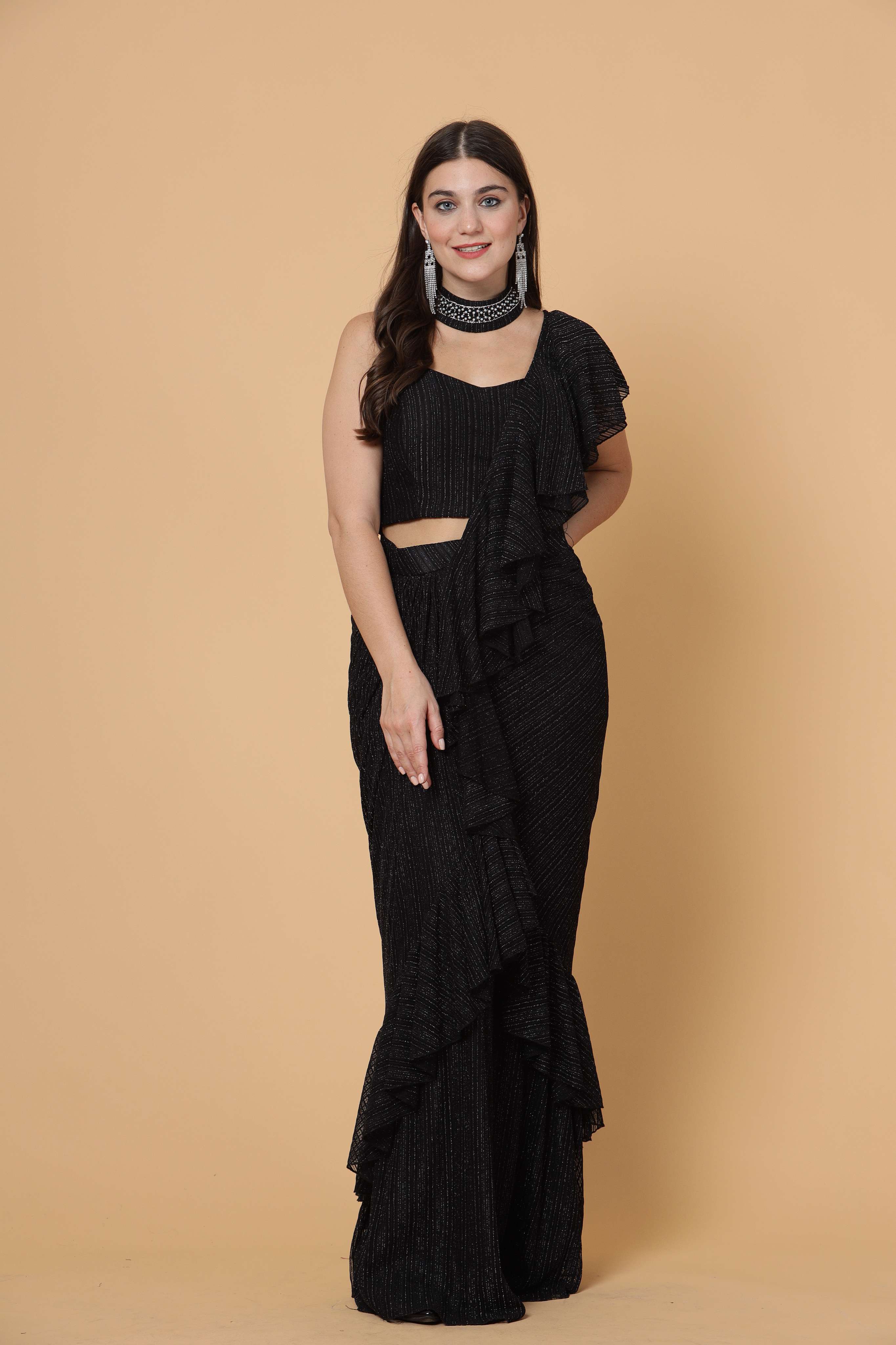 REDAY TO WEAR POWERNET LUREX FABRIC SAARI WITH CROP TOP AND CHOCKER - Black