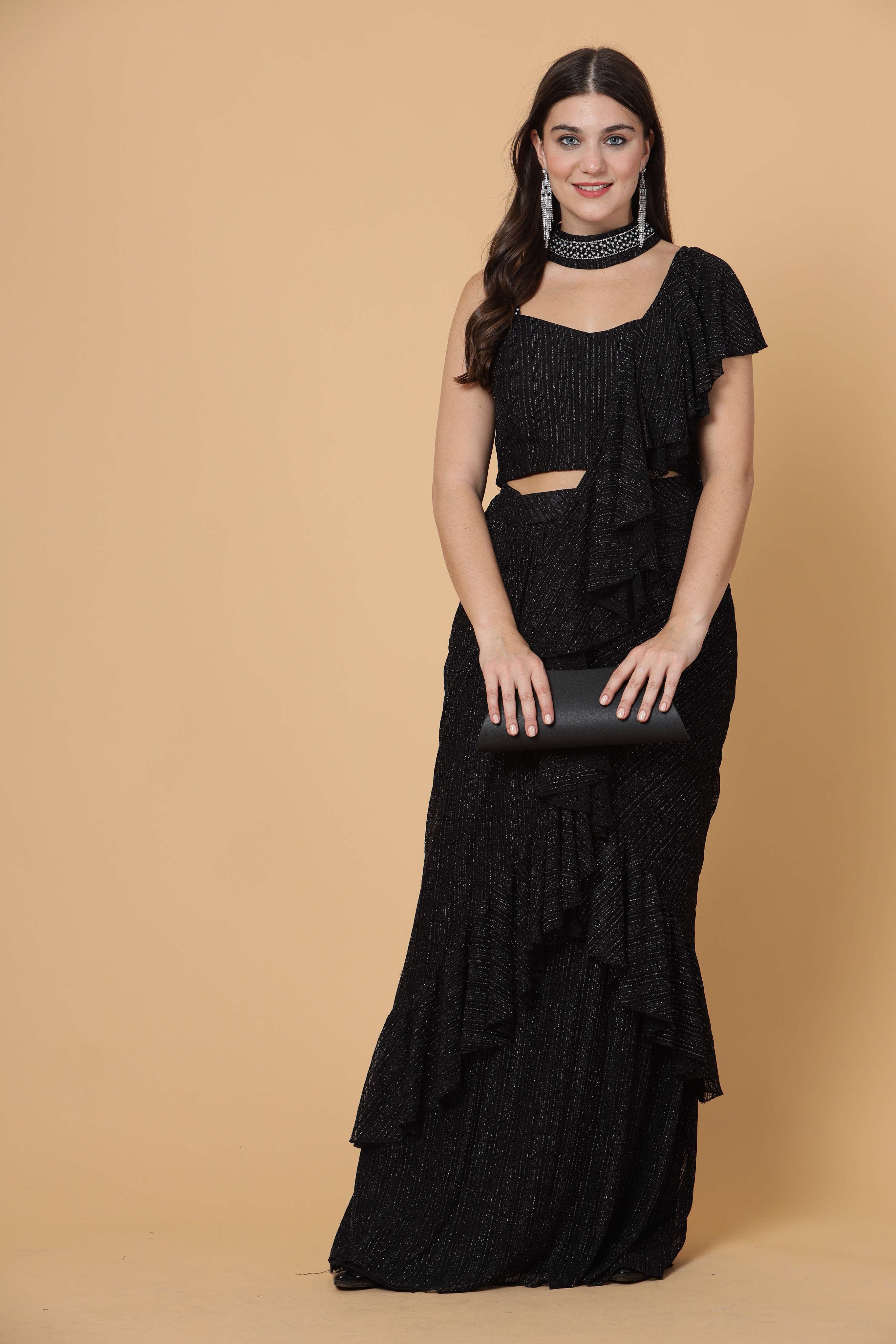 REDAY TO WEAR POWERNET LUREX FABRIC SAARI WITH CROP TOP AND CHOCKER - Black