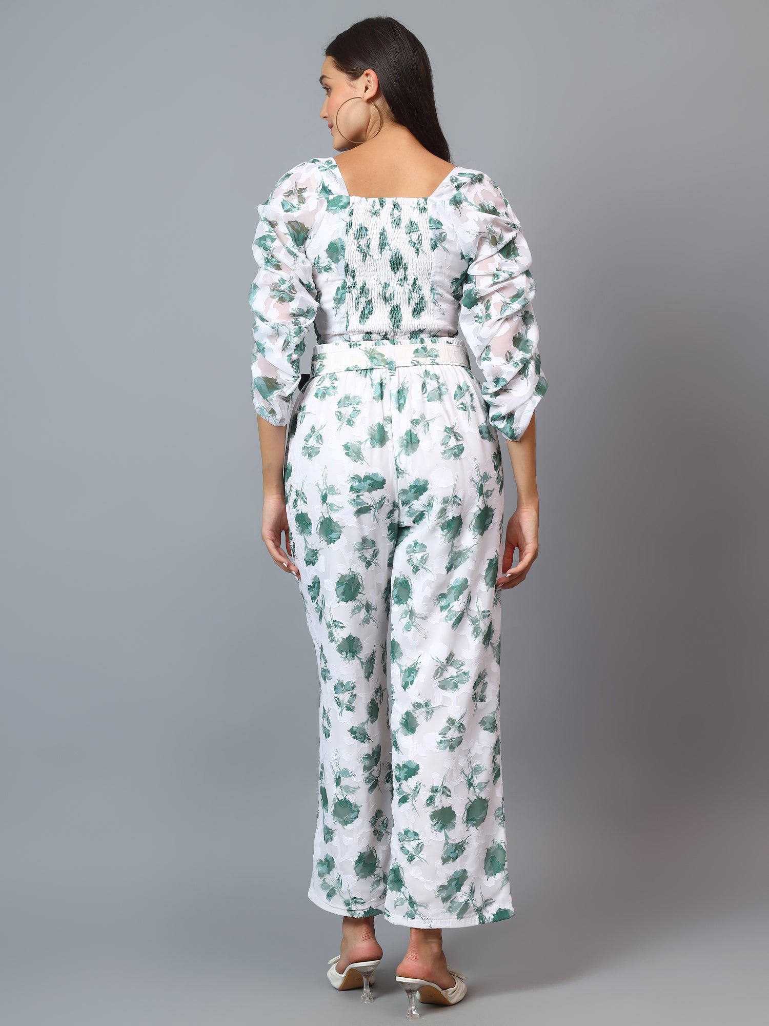 BRASSO FABRIC PRINT CROP TOP RUFFEL SLEEVE AND PANT WITH BELT