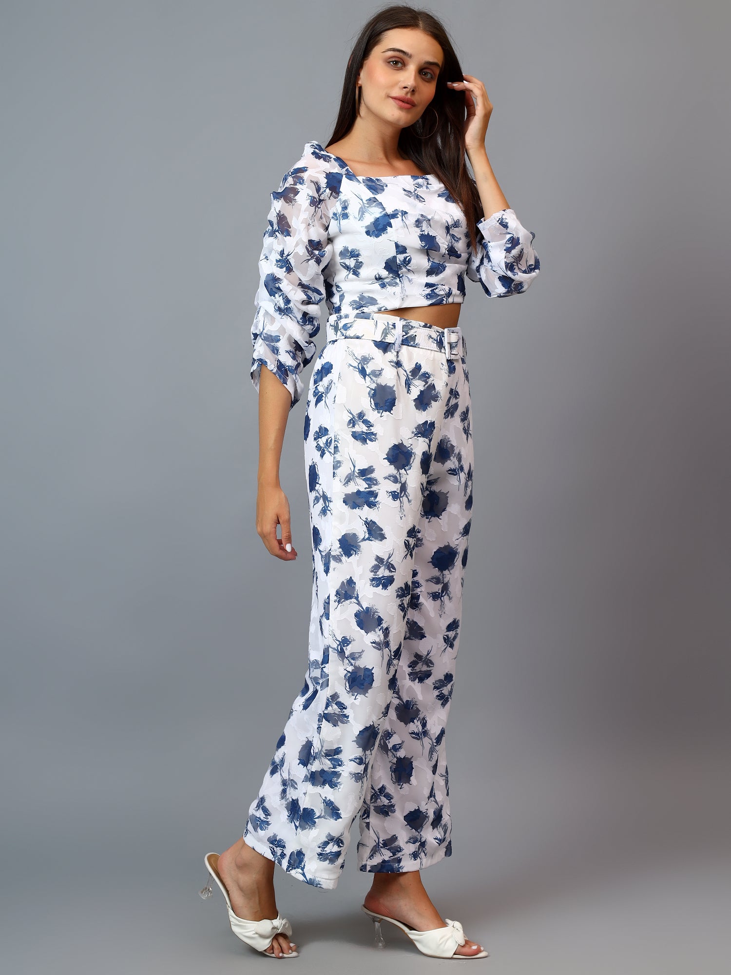 BRASSO FABRIC PRINT CROP TOP RUFFEL SLEEVE AND PANT WITH BELT