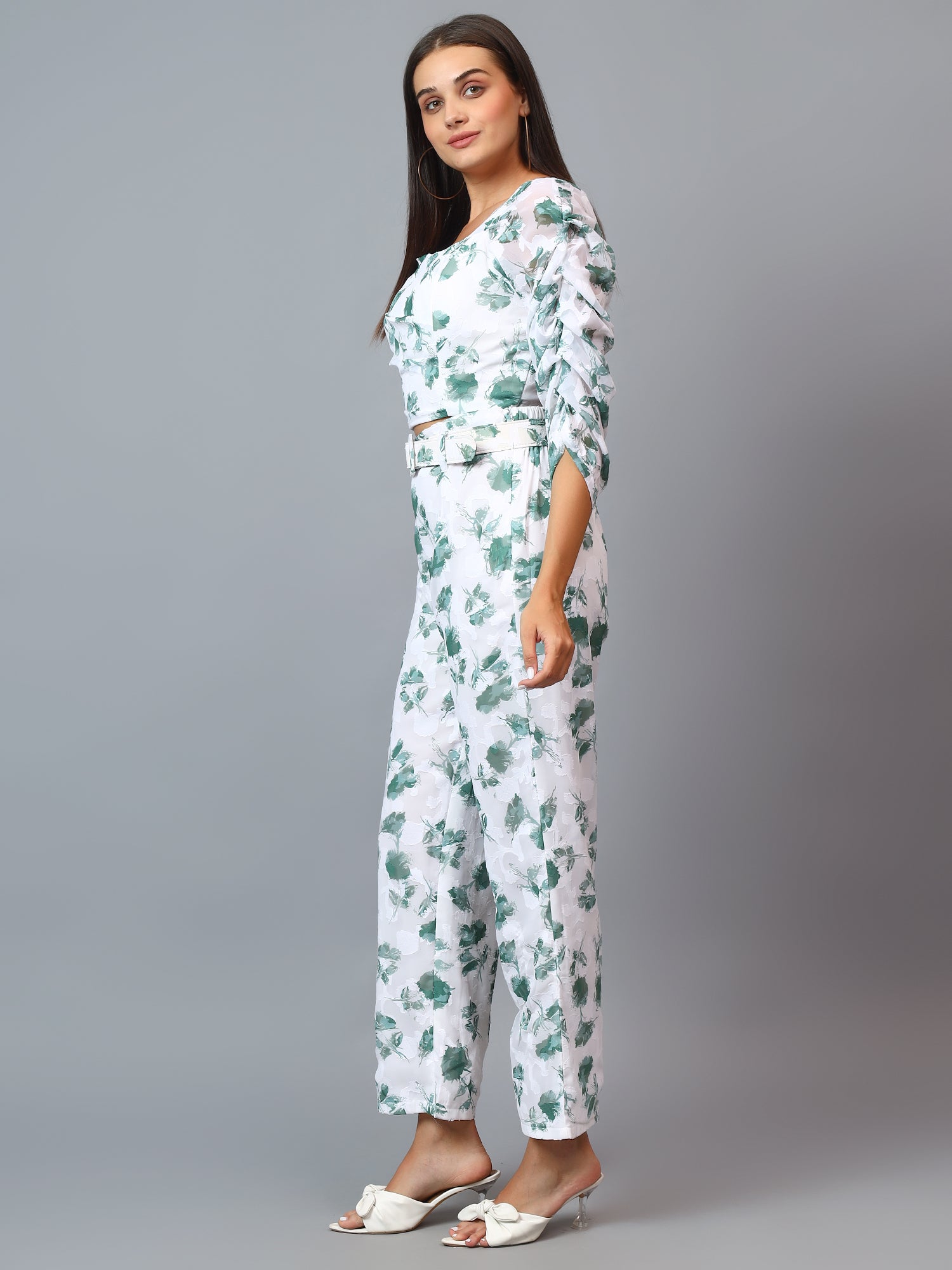 BRASSO FABRIC PRINT CROP TOP RUFFEL SLEEVE AND PANT WITH BELT