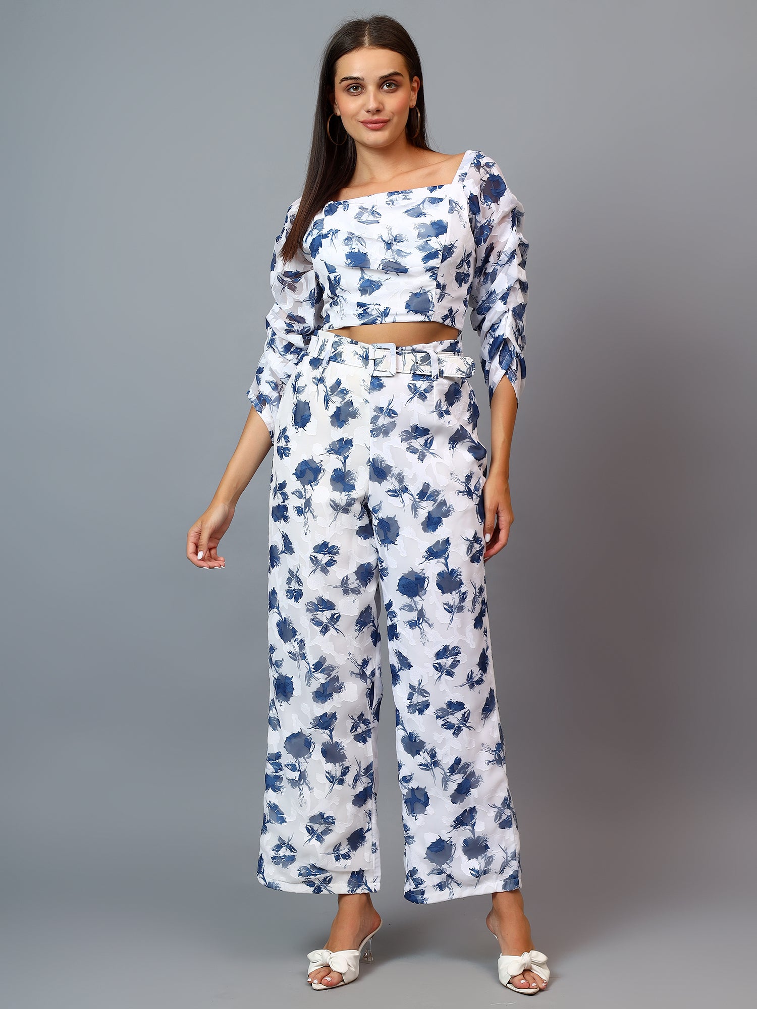 BRASSO FABRIC PRINT CROP TOP RUFFEL SLEEVE AND PANT WITH BELT