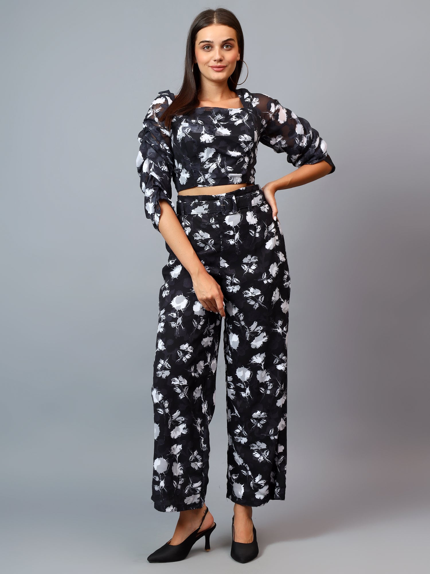 BRASSO FABRIC PRINT CROP TOP RUFFEL SLEEVE AND PANT WITH BELT