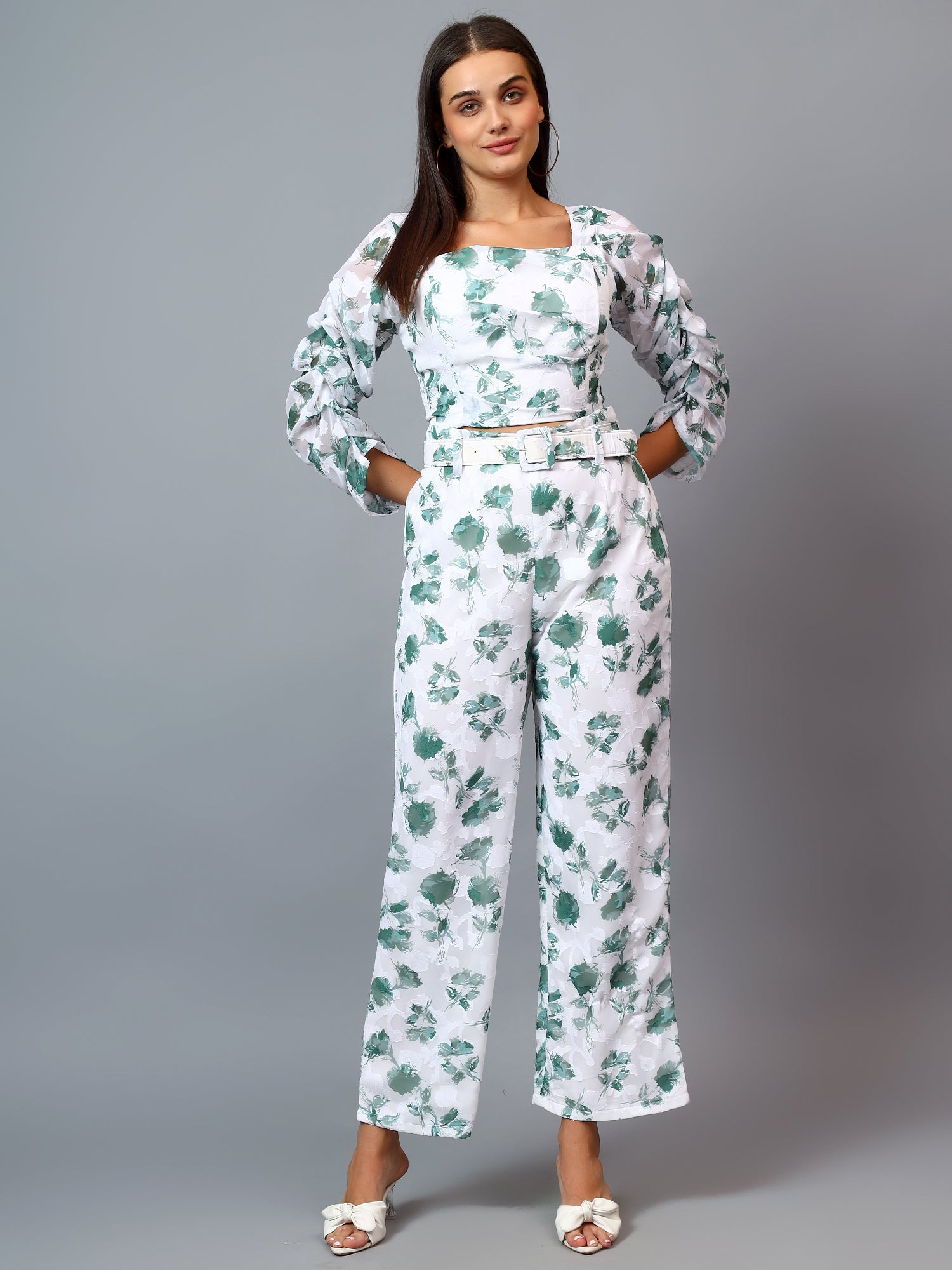 BRASSO FABRIC PRINT CROP TOP RUFFEL SLEEVE AND PANT WITH BELT