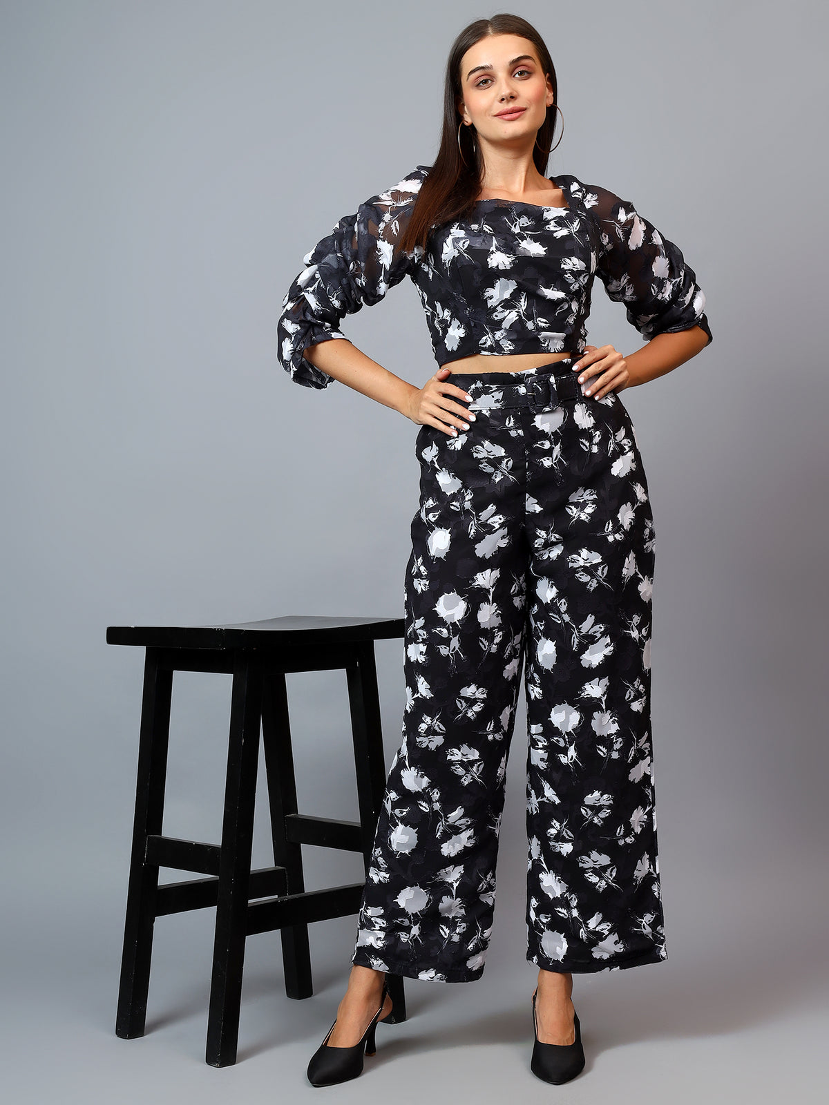 BRASSO FABRIC PRINT CROP TOP RUFFEL SLEEVE AND PANT WITH BELT