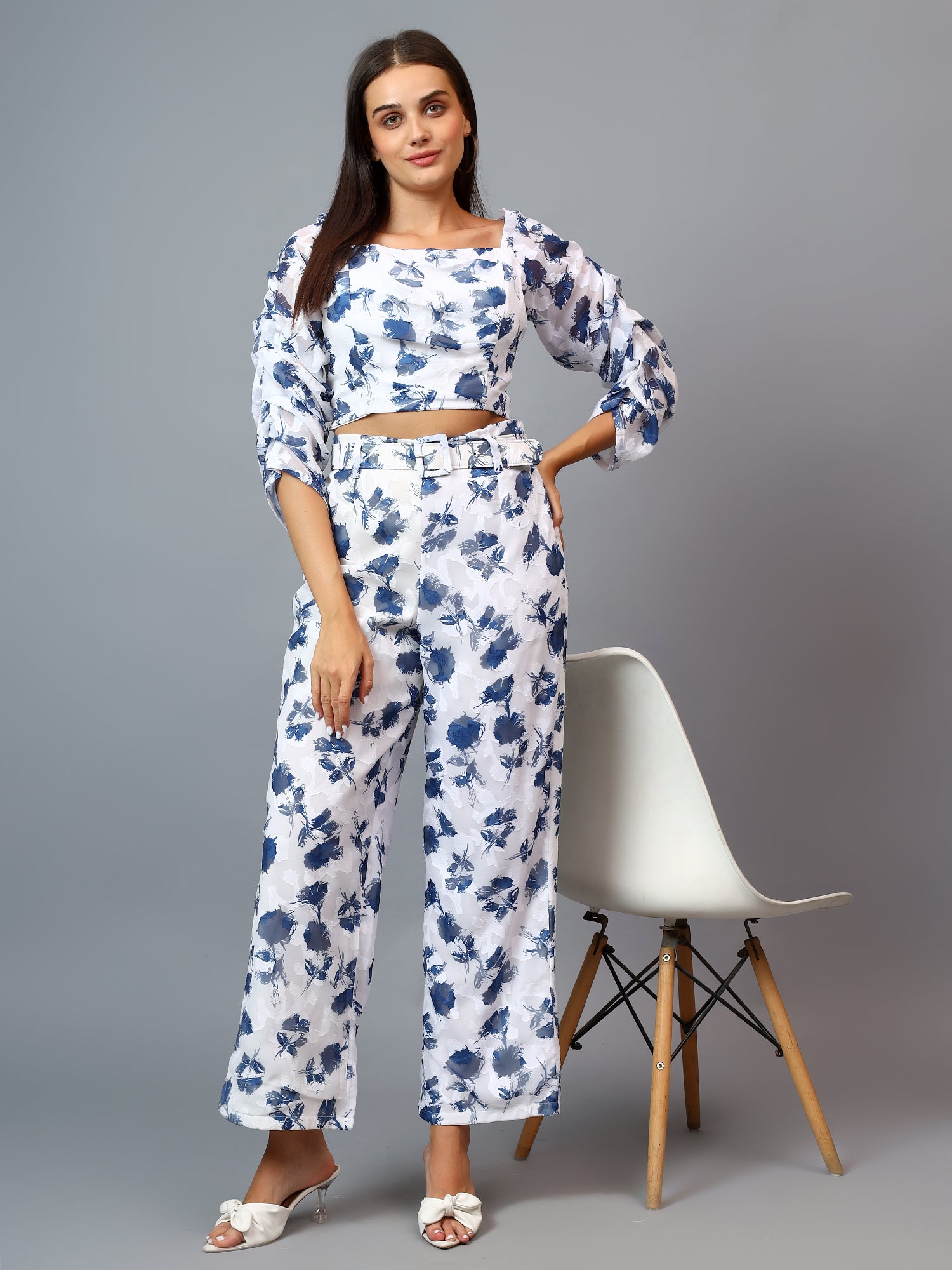 BRASSO FABRIC PRINT CROP TOP RUFFEL SLEEVE AND PANT WITH BELT