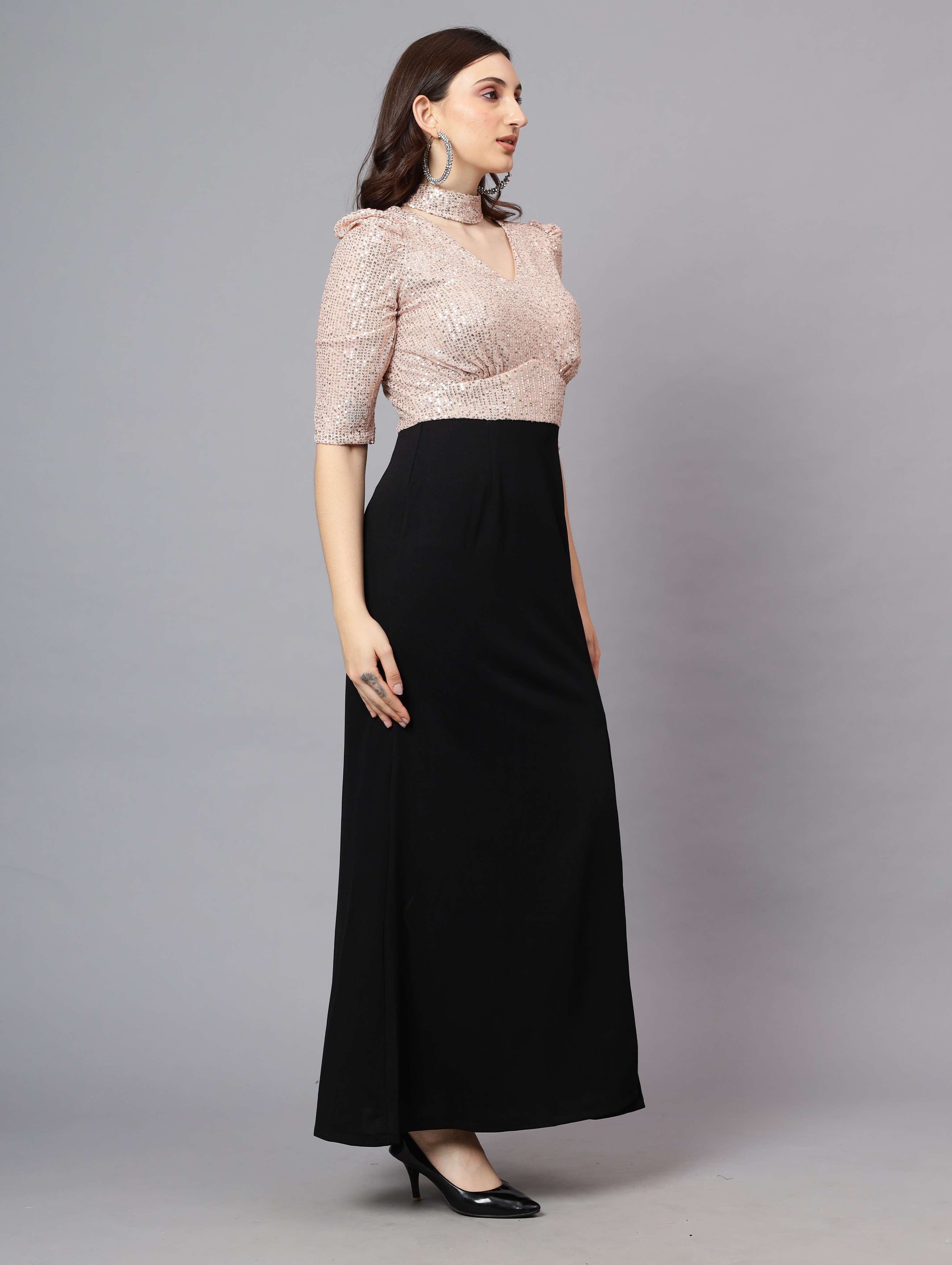 SEQUINCE BODY WITH CRAPE SKIRT CONTRASS GOWN